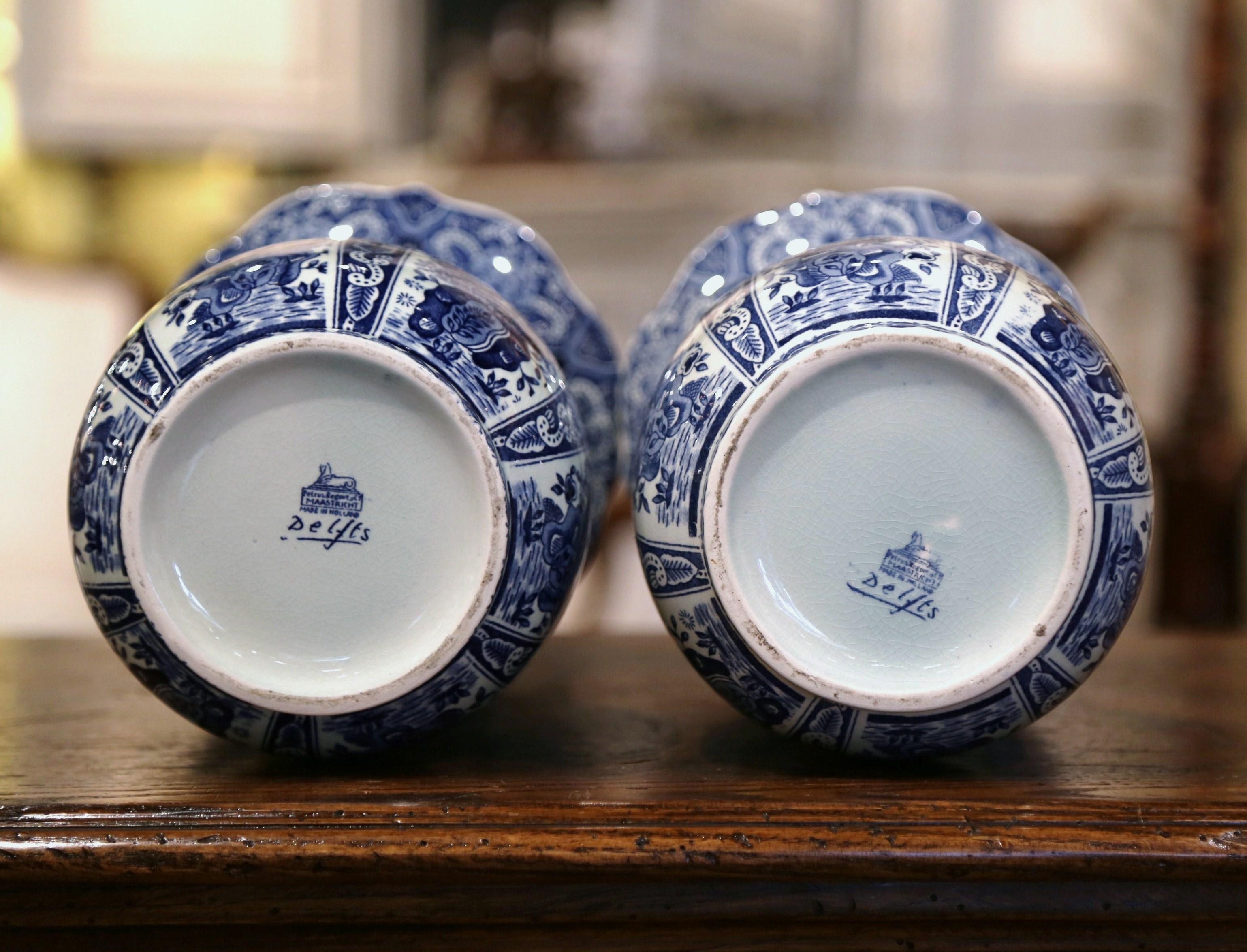 Pair of Mid-20th Century Dutch Royal Blue and White Painted Faience Delft Vases 1