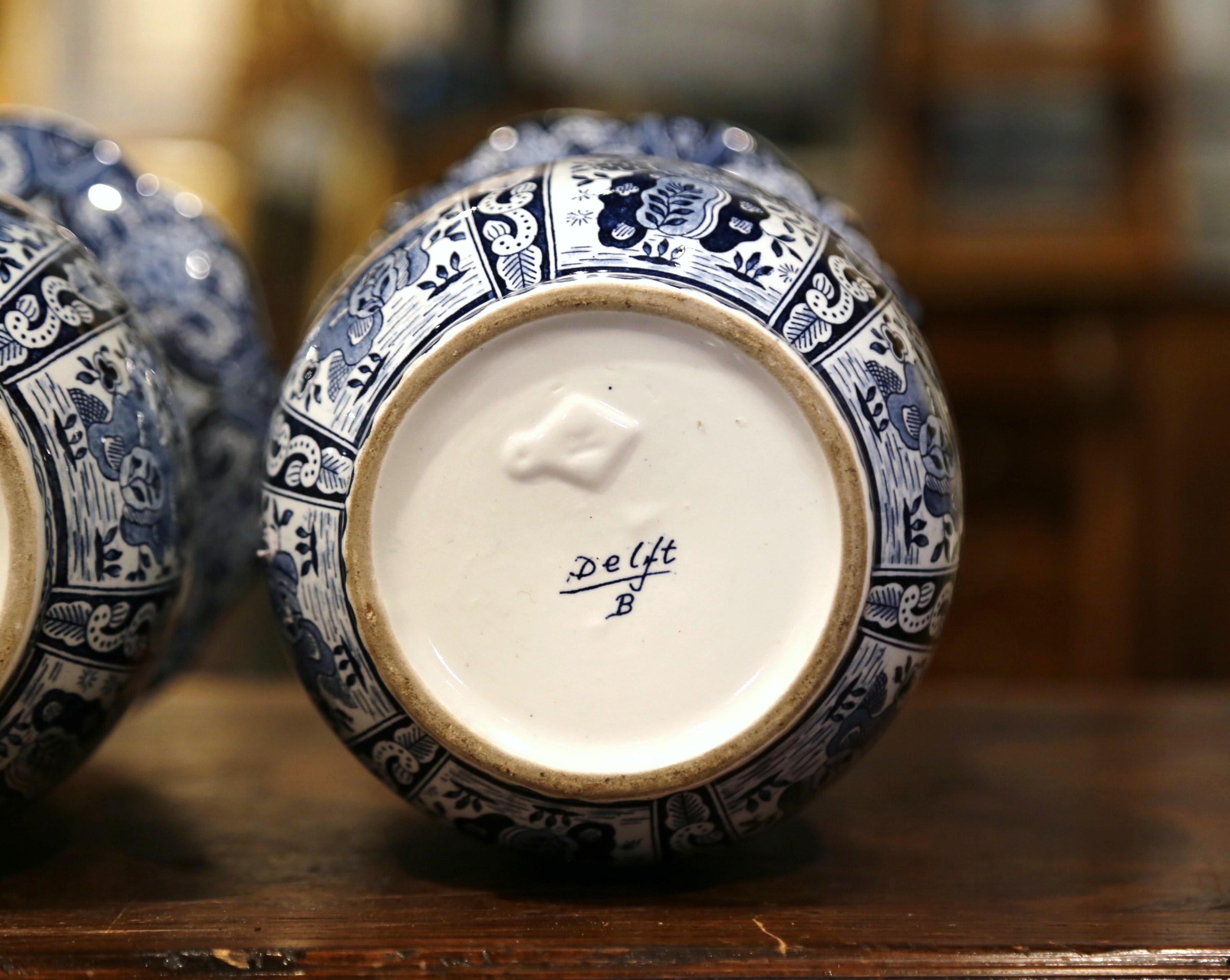 Pair of Mid-20th Century Dutch Royal Blue and White Painted Faience Delft Vases 2