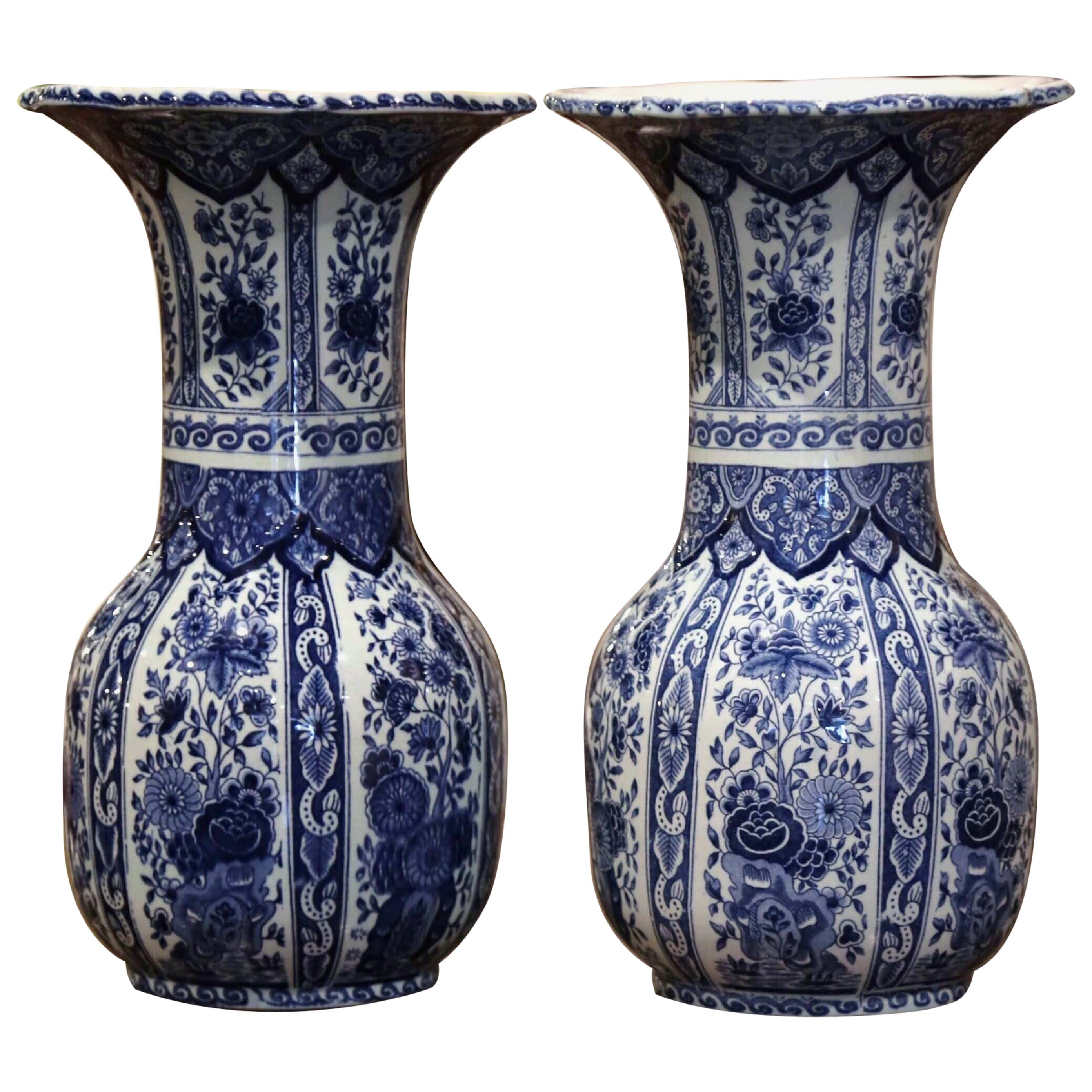 Pair of Mid-20th Century Dutch Royal Blue and White Painted Faience Delft Vases