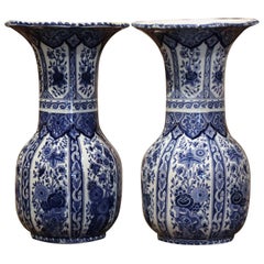 Pair of Mid-20th Century Dutch Royal Blue and White Painted Faience Delft Vases