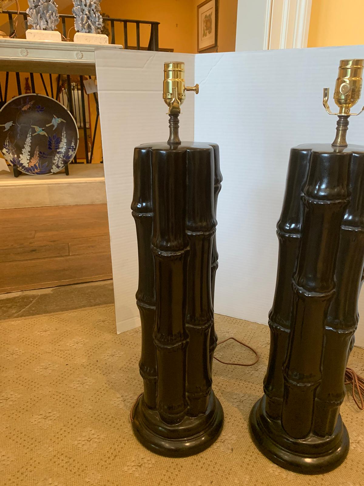 Pair of Mid-20th Century Ebonized Faux Bamboo Column Lamps For Sale 8