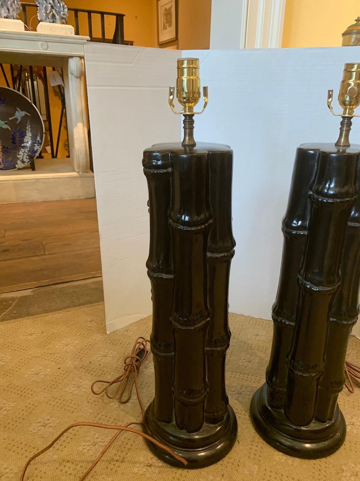 Pair of Mid-20th Century Ebonized Faux Bamboo Column Lamps For Sale 9