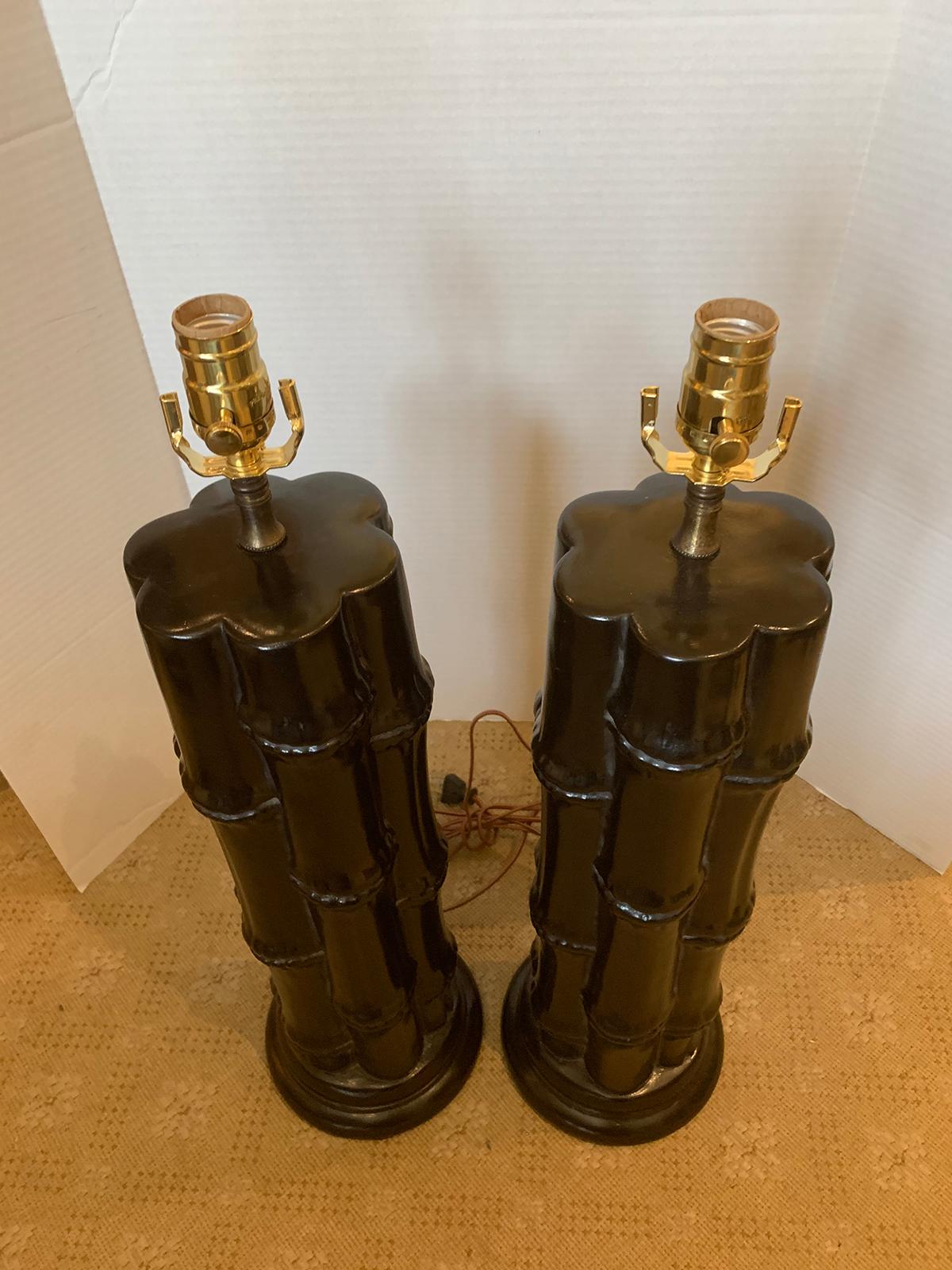 Pair of Mid-20th Century Ebonized Faux Bamboo Column Lamps For Sale 11