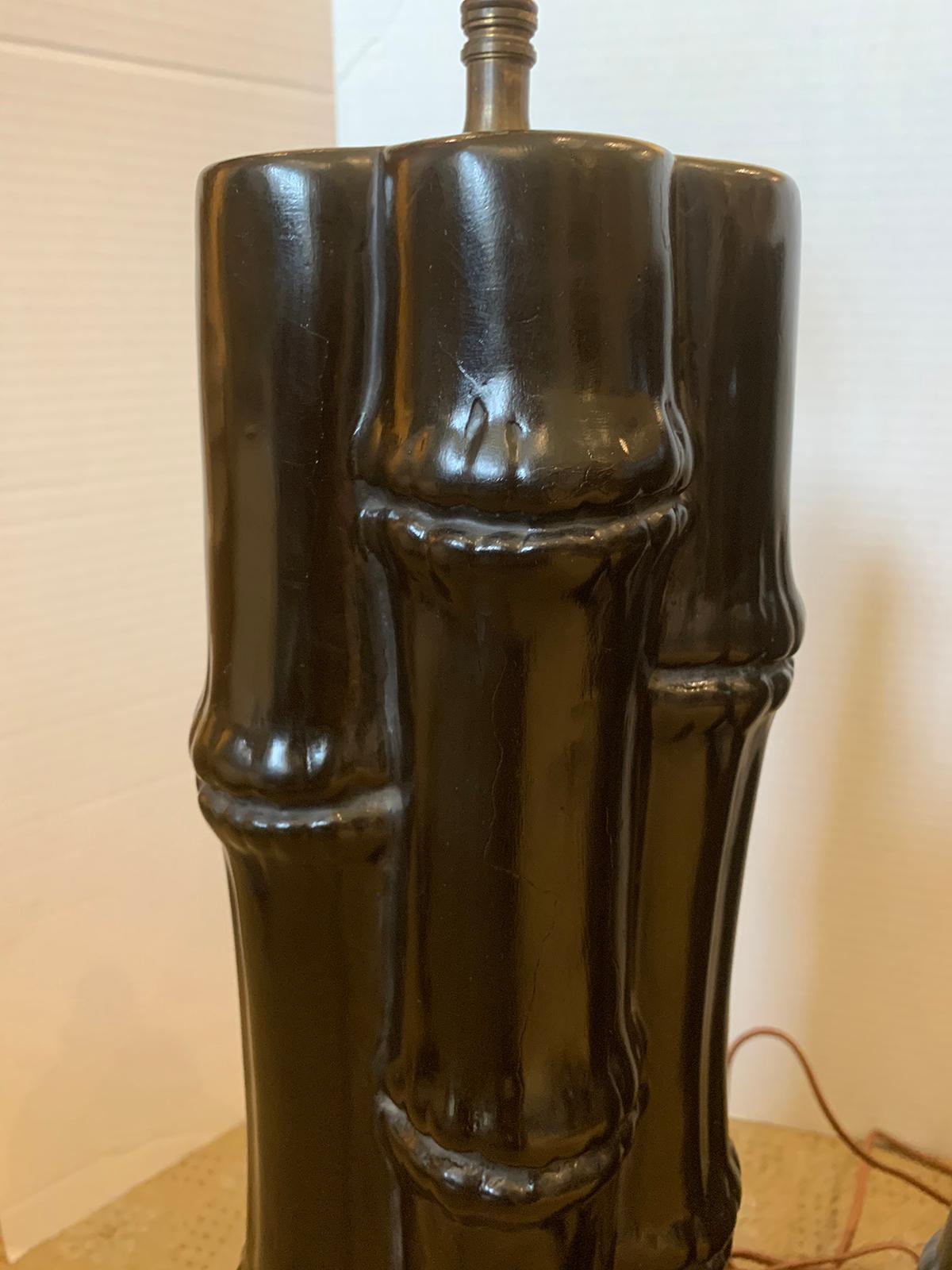 Pair of Mid-20th Century Ebonized Faux Bamboo Column Lamps For Sale 4