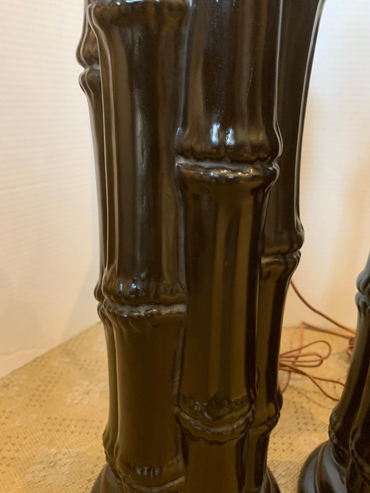 Pair of Mid-20th Century Ebonized Faux Bamboo Column Lamps For Sale 5