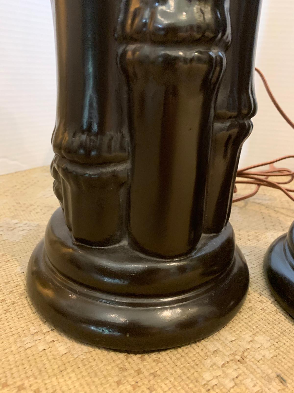 Pair of Mid-20th Century Ebonized Faux Bamboo Column Lamps For Sale 6