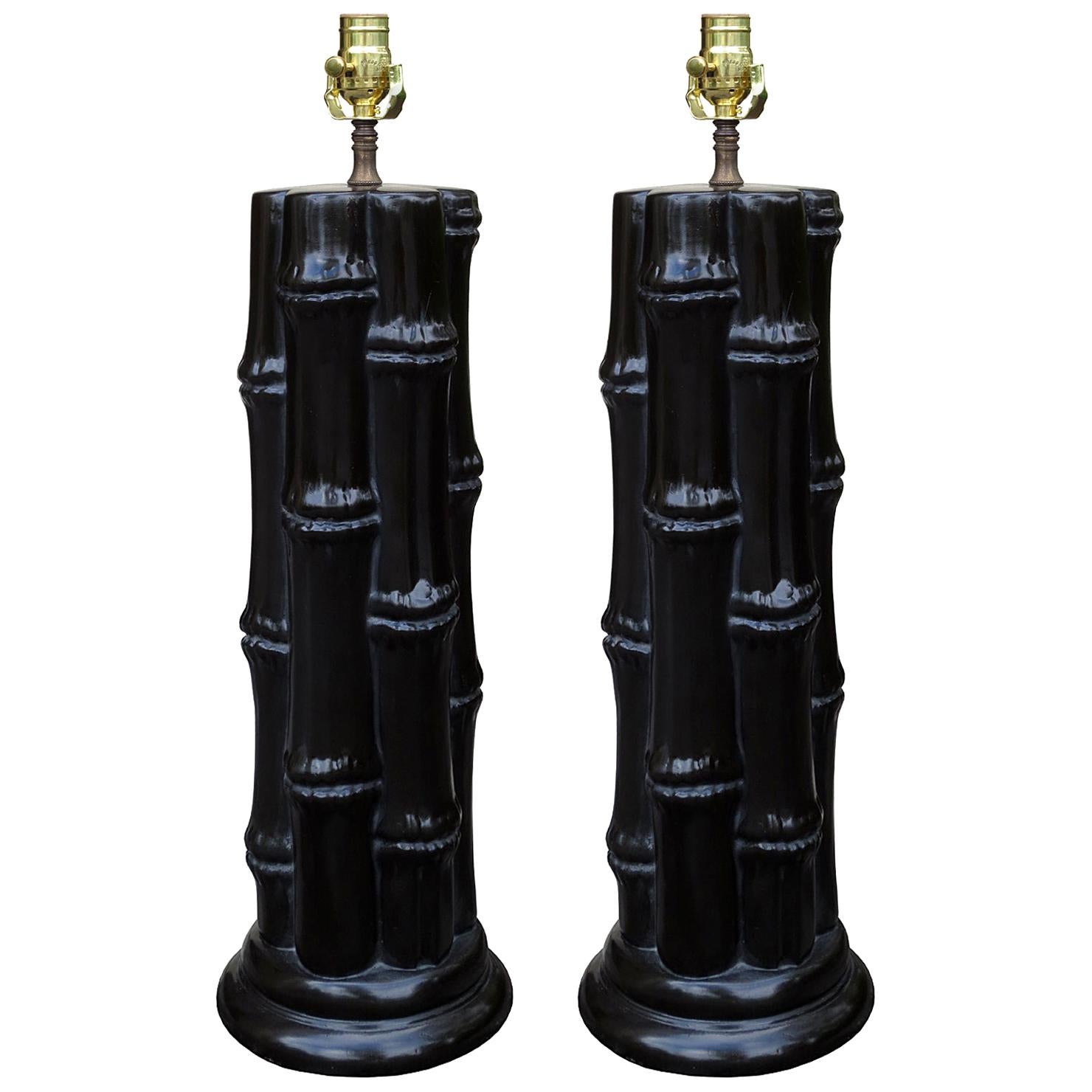 Pair of Mid-20th Century Ebonized Faux Bamboo Column Lamps For Sale