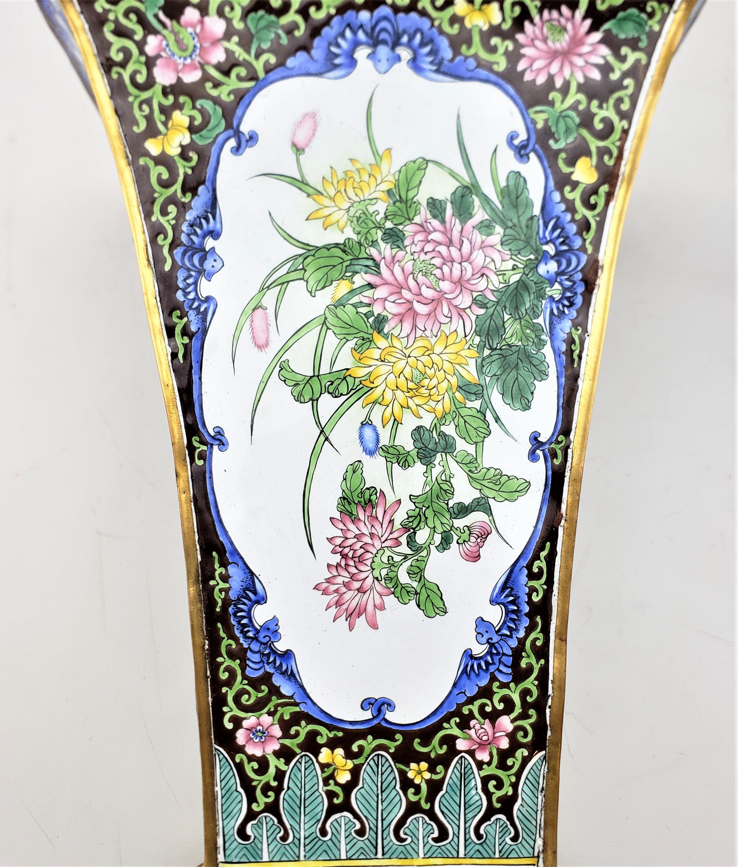 Pair of Mid 20th Century Enameled Copper Vases with Floral & Geisha Decoration For Sale 8