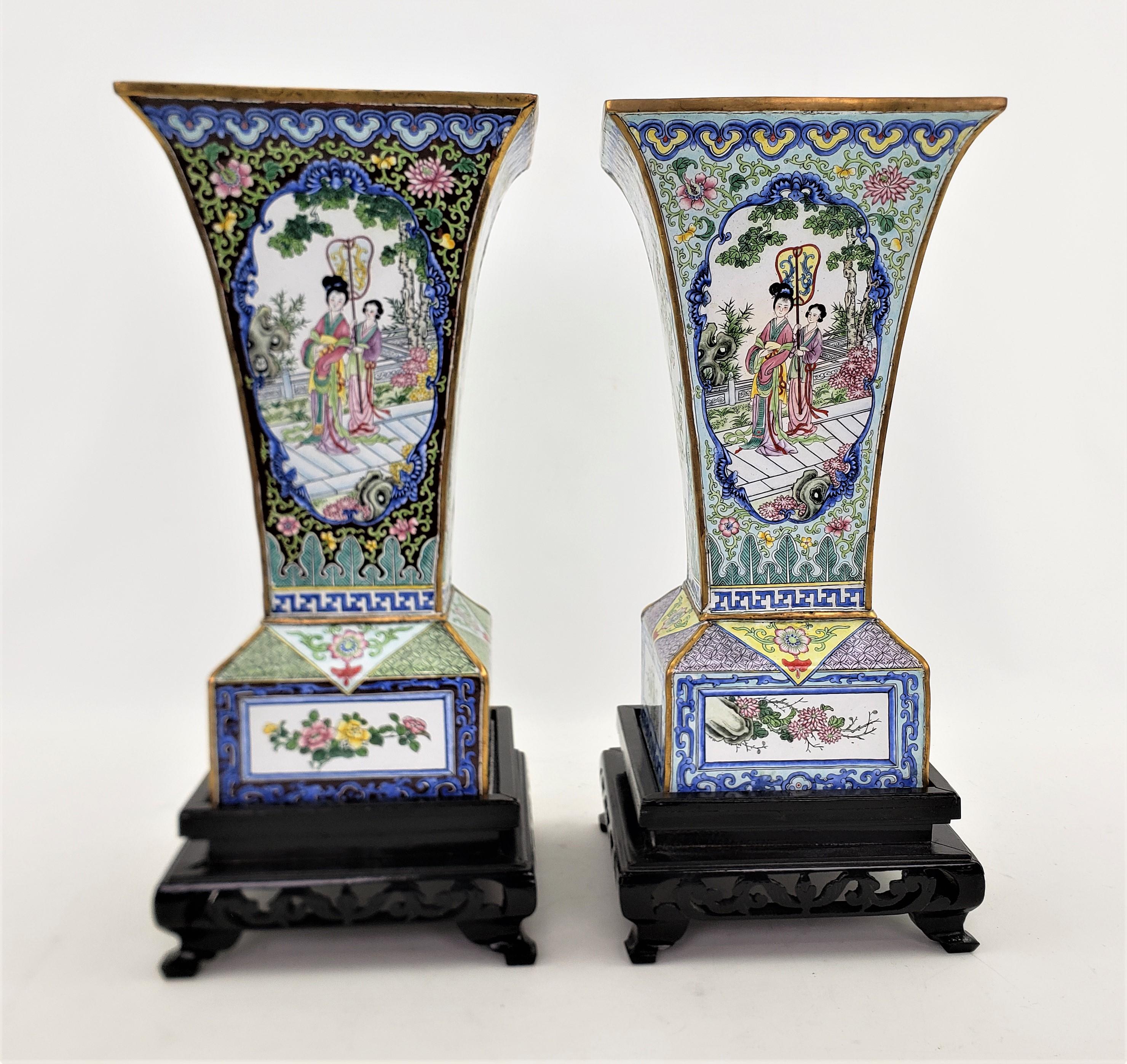 Chinese Export Pair of Mid 20th Century Enameled Copper Vases with Floral & Geisha Decoration For Sale