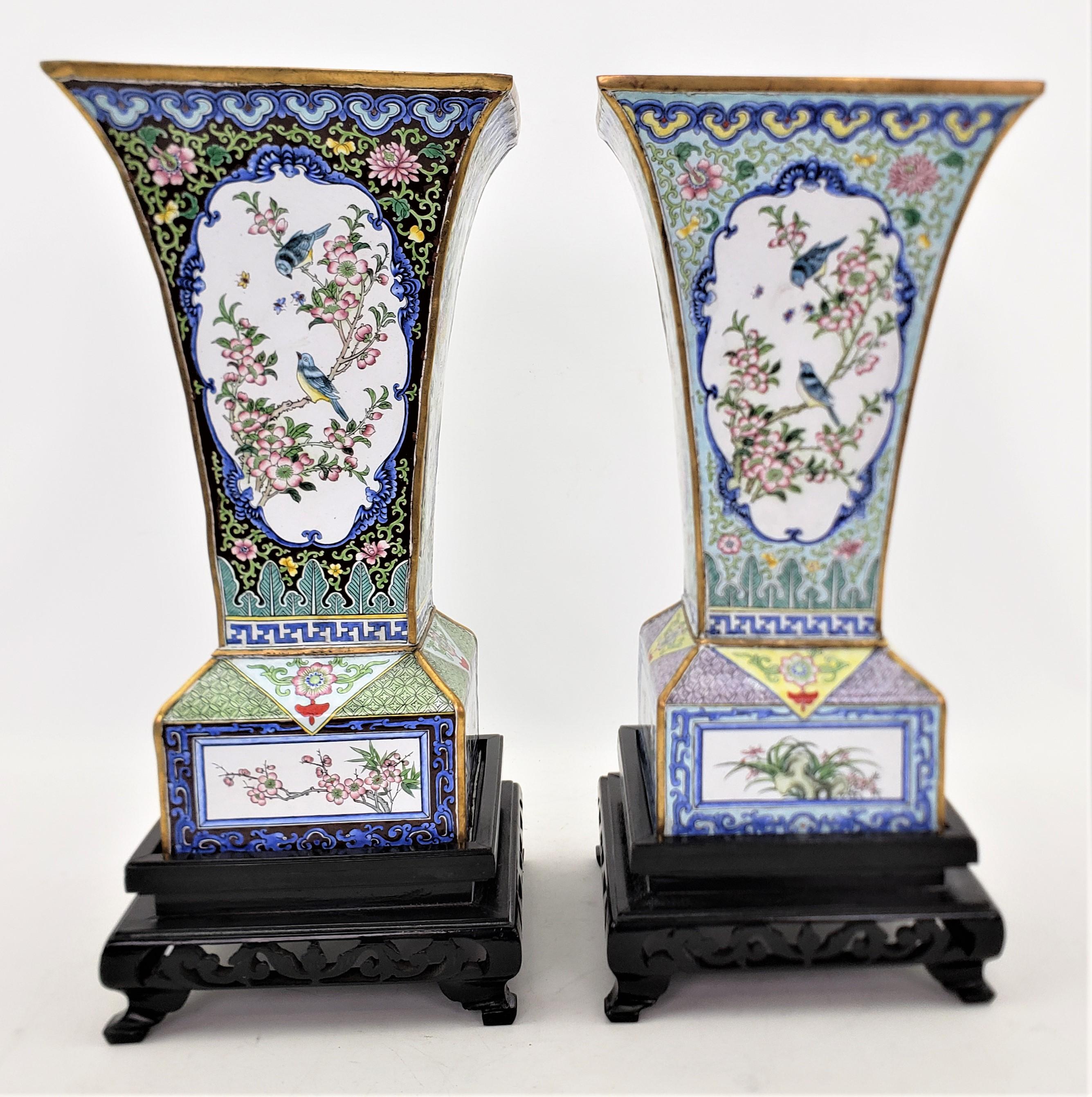 Chinese Pair of Mid 20th Century Enameled Copper Vases with Floral & Geisha Decoration For Sale