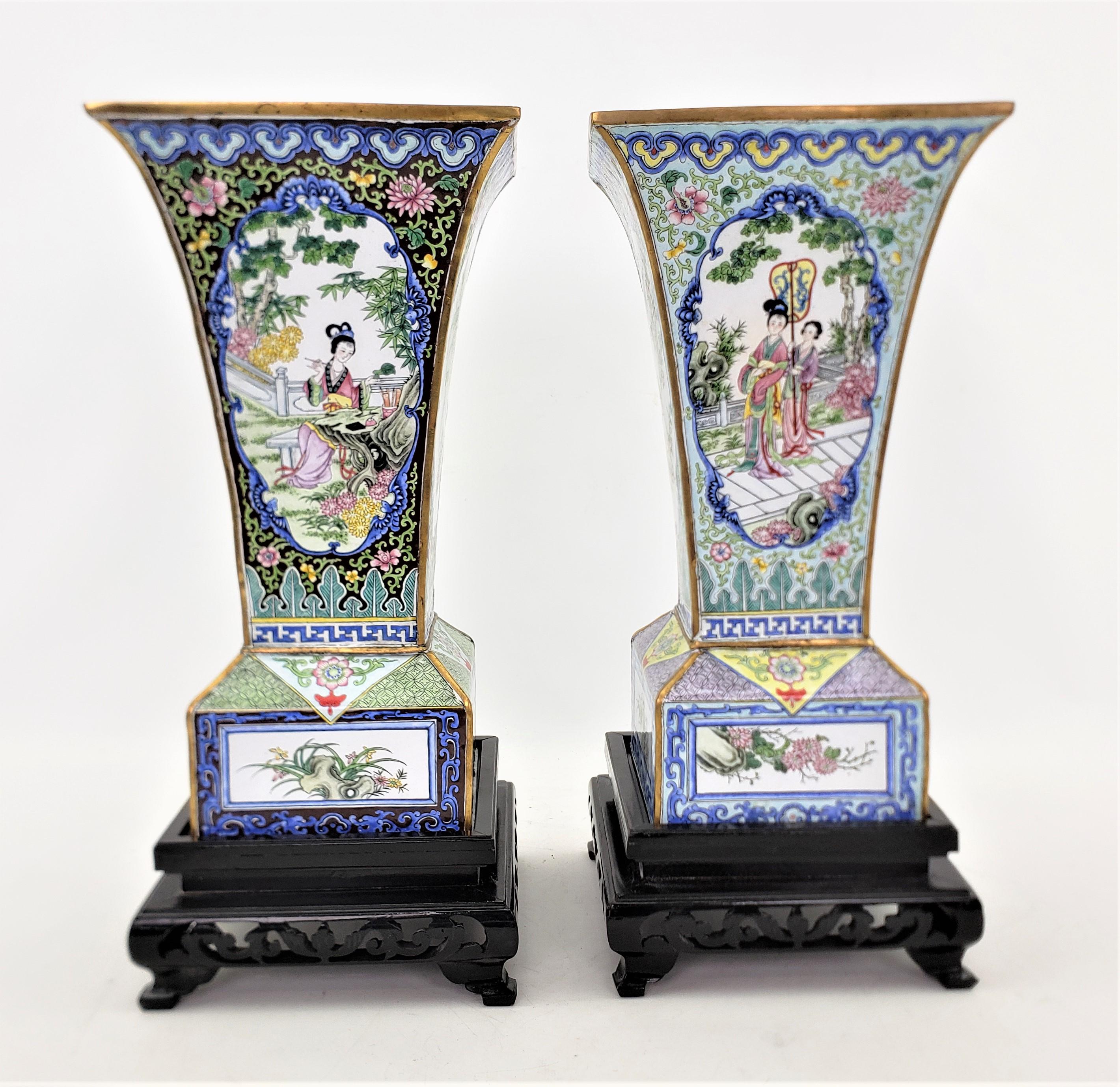 Brass Pair of Mid 20th Century Enameled Copper Vases with Floral & Geisha Decoration For Sale