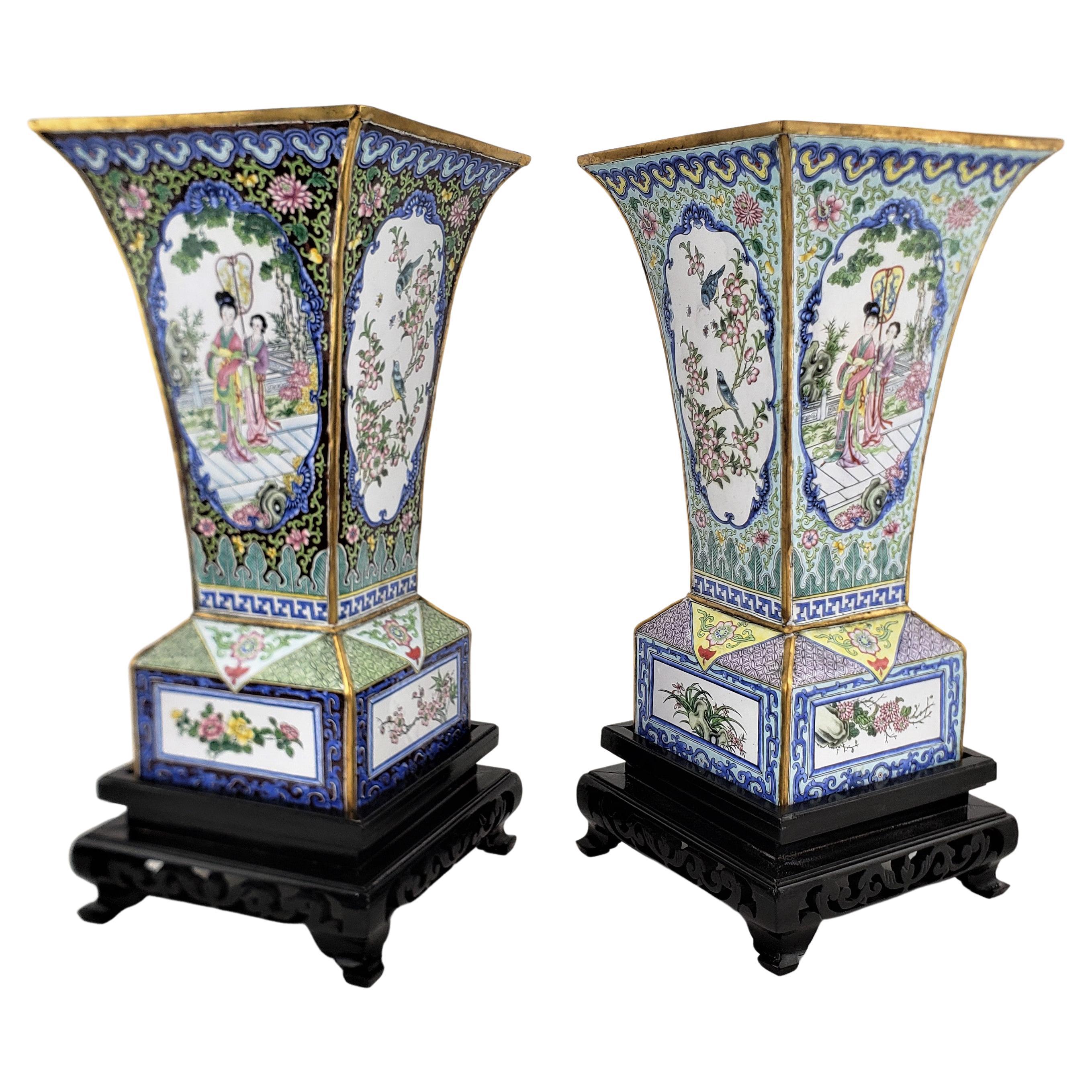 Pair of Mid 20th Century Enameled Copper Vases with Floral & Geisha Decoration For Sale