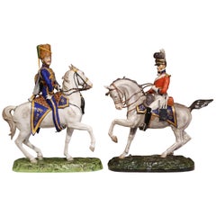 Pair of Mid-20th Century English Majolica Painted Riders on Horses Sculptures