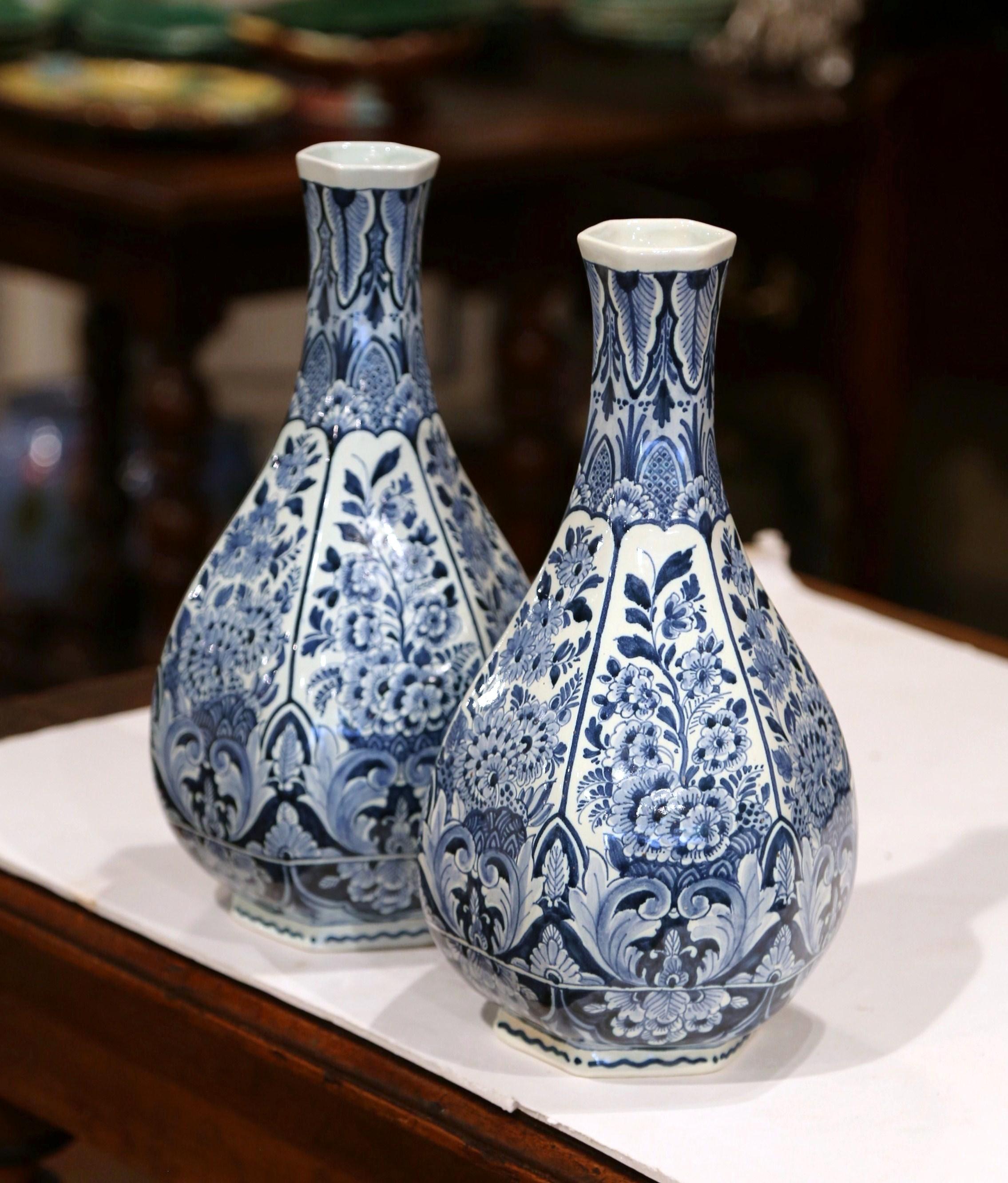 Ceramic Pair of Mid-20th Century Faience Blue and White Hand Painted Delft OUD Vases