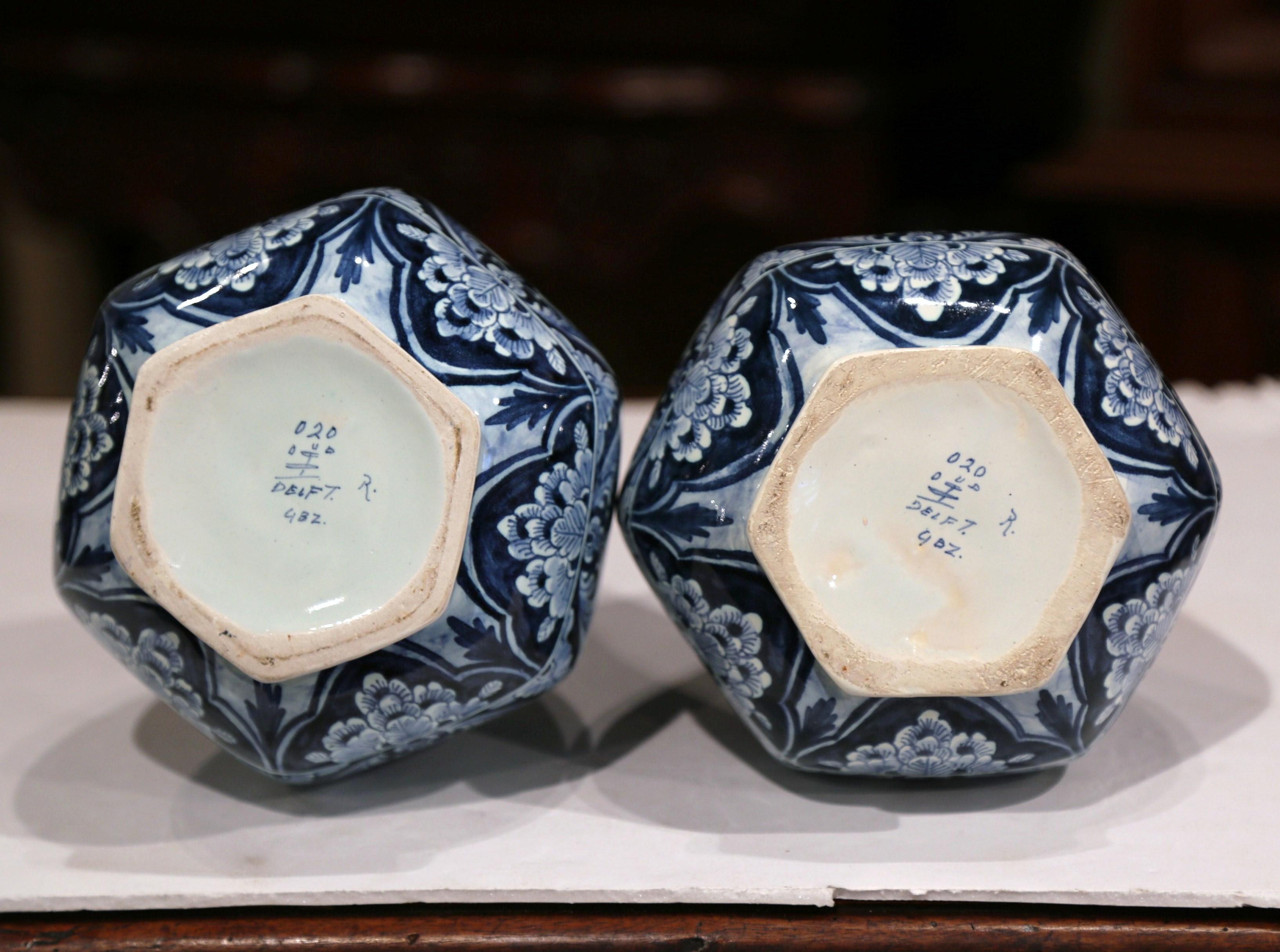 Pair of Mid-20th Century Faience Blue and White Hand Painted Delft OUD Vases 1