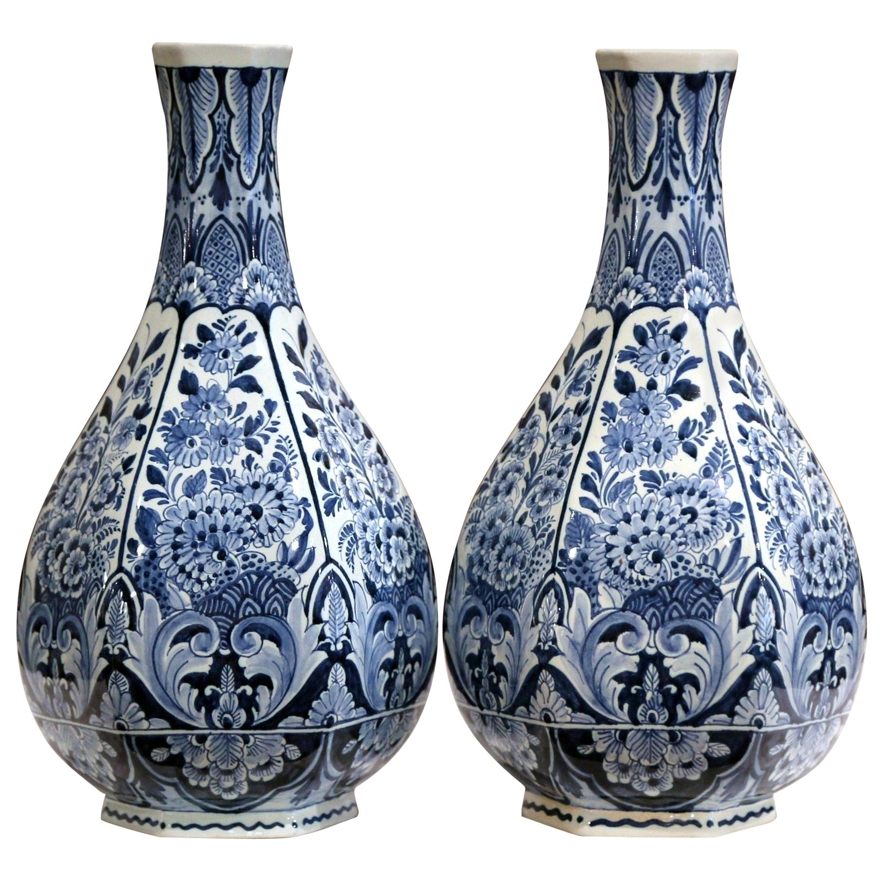 Pair of Mid-20th Century Faience Blue and White Hand Painted Delft OUD Vases