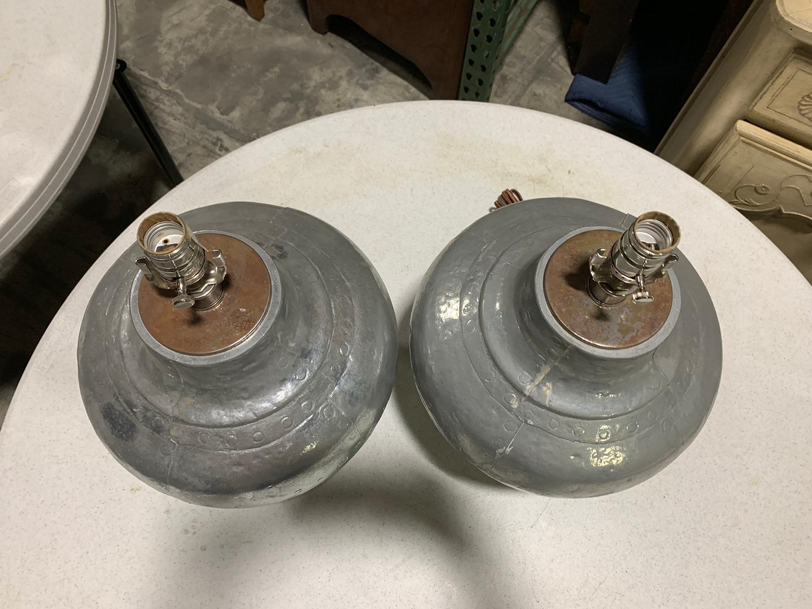 Pair of Mid-20th Century Faux Riveted Metal Ginger Jar Form Lamps 10