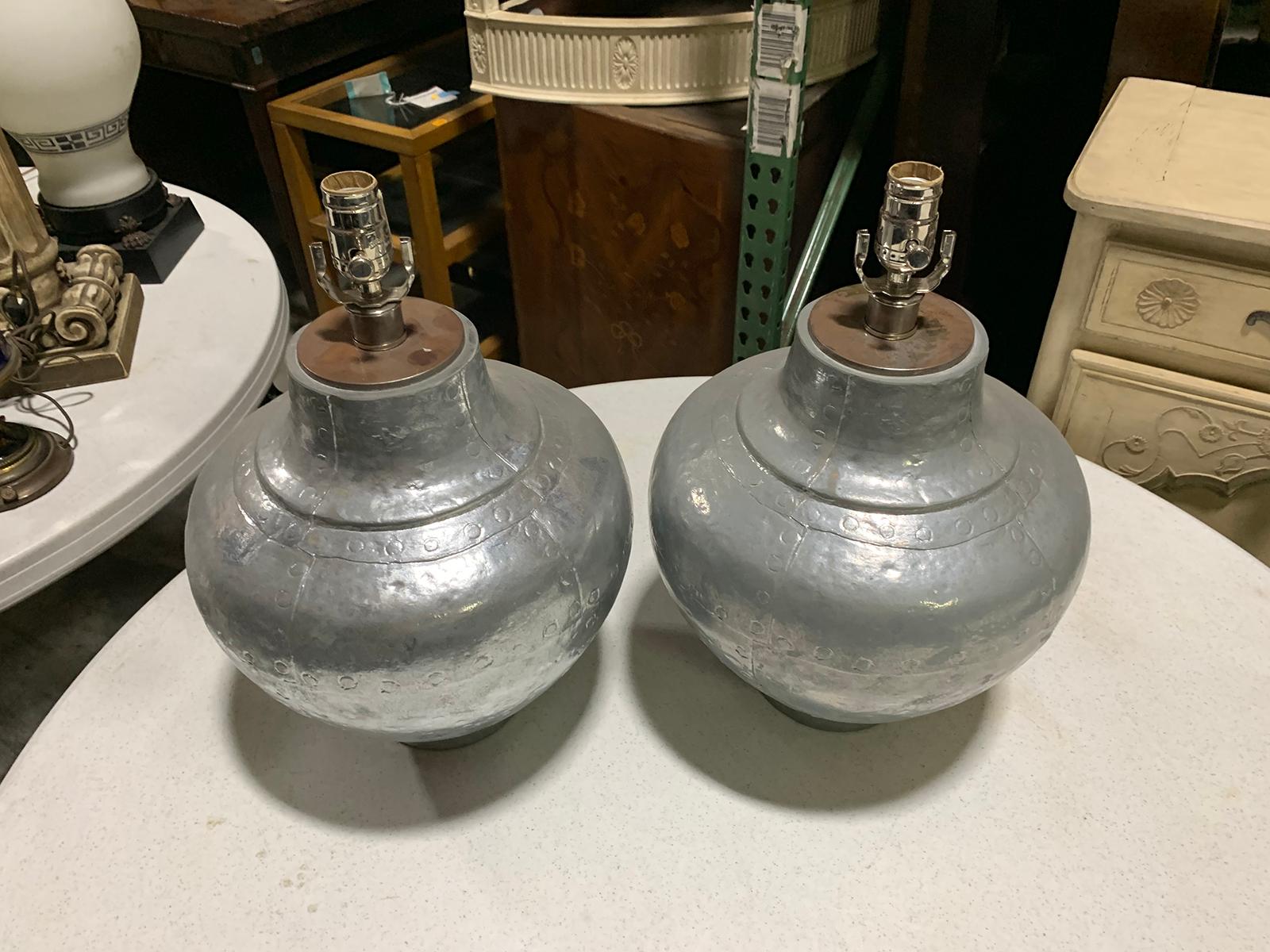 Pair of Mid-20th Century Faux Riveted Metal Ginger Jar Form Lamps 12