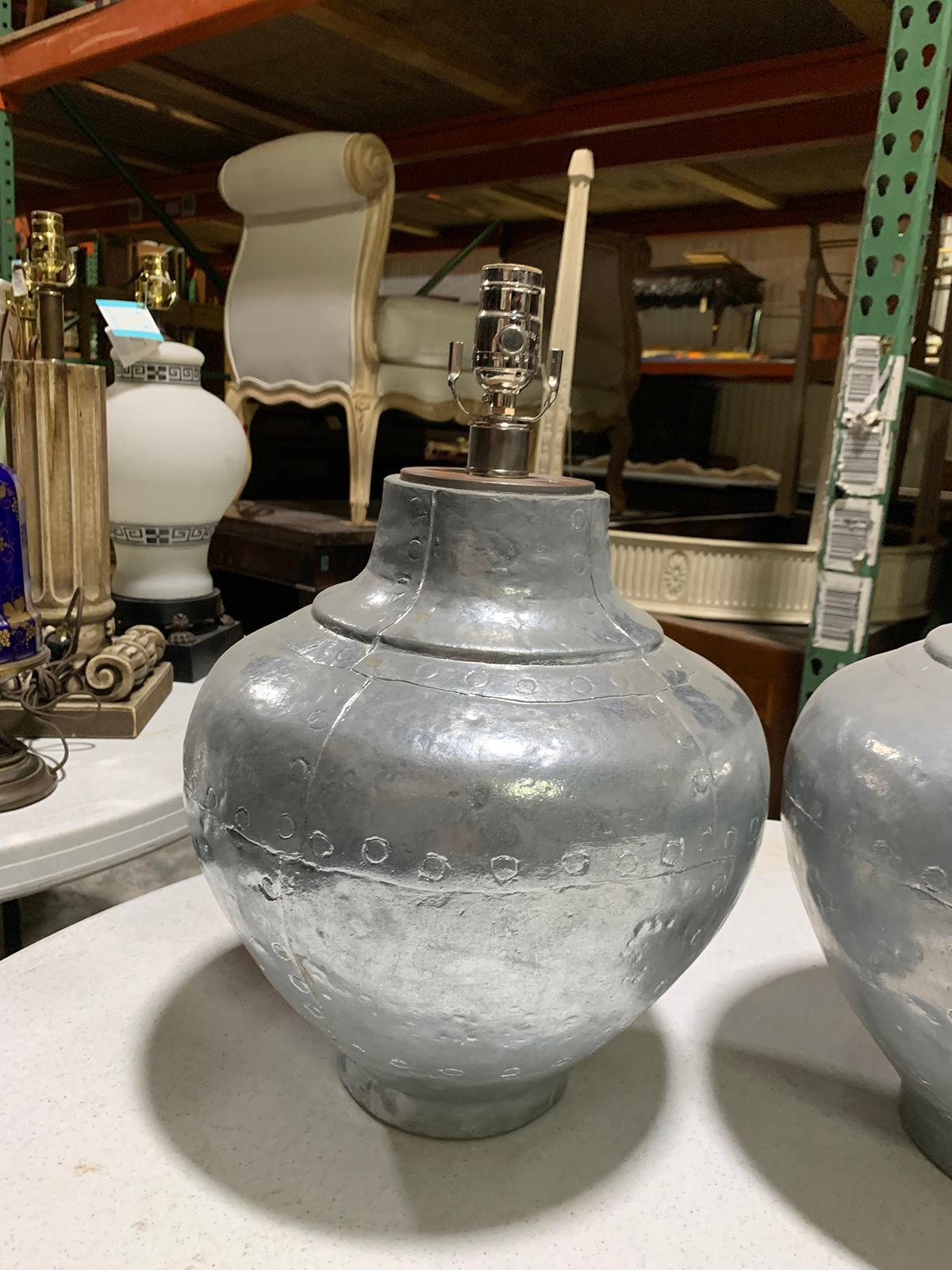 Pair of Mid-20th Century Faux Riveted Metal Ginger Jar Form Lamps 1