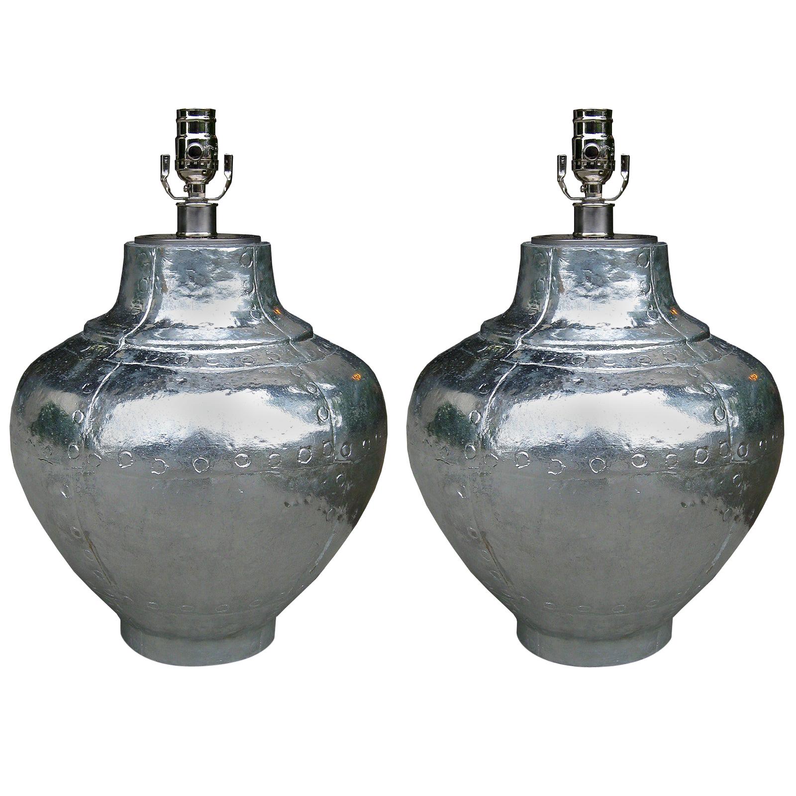 Pair of Mid-20th Century Faux Riveted Metal Ginger Jar Form Lamps