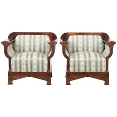 Pair of Mid-20th Century Flame Mahogany Bergère Armchairs