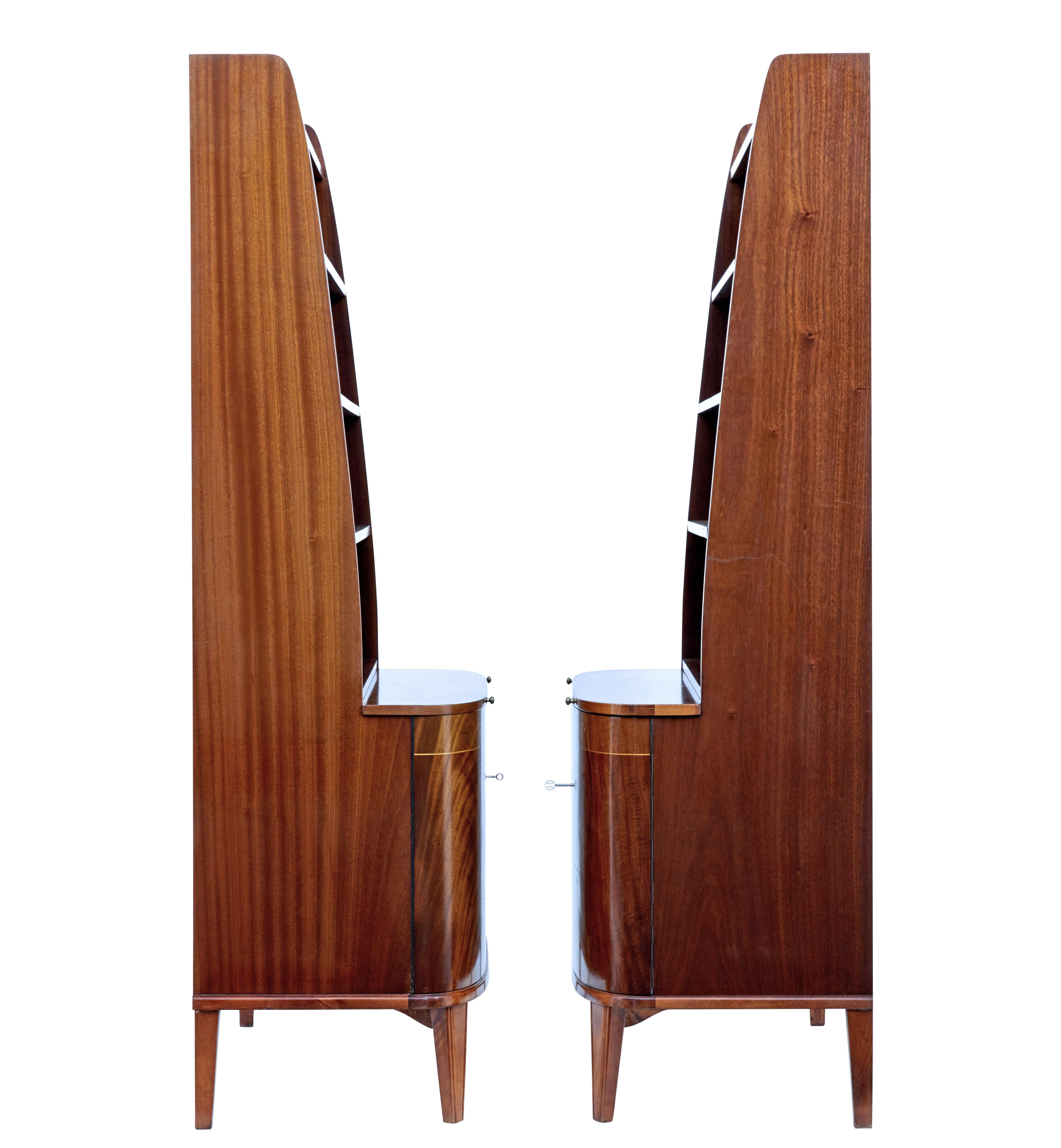 Swedish Pair of Mid-20th Century Flame Mahogany Scandinavian Bookcases by Bodafors