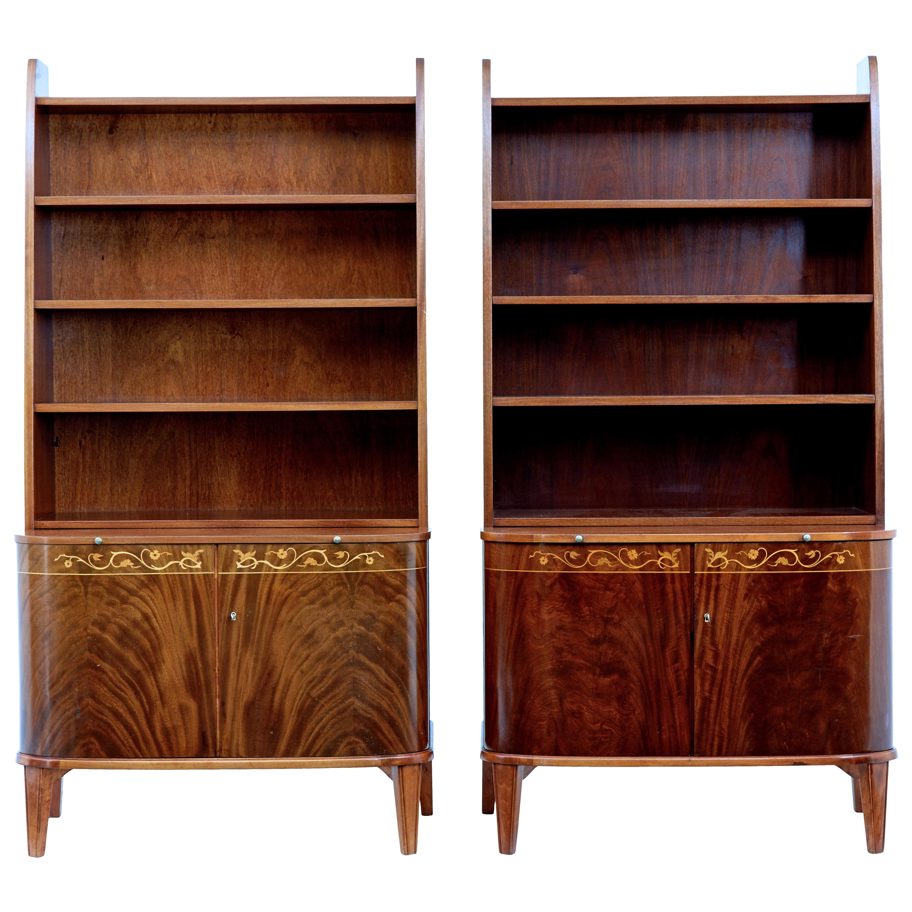 Pair of Mid-20th Century Flame Mahogany Scandinavian Bookcases by Bodafors