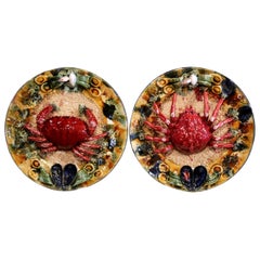 Pair of Mid-20th Century French Barbotine Wall Platters with Crabs from Brittany