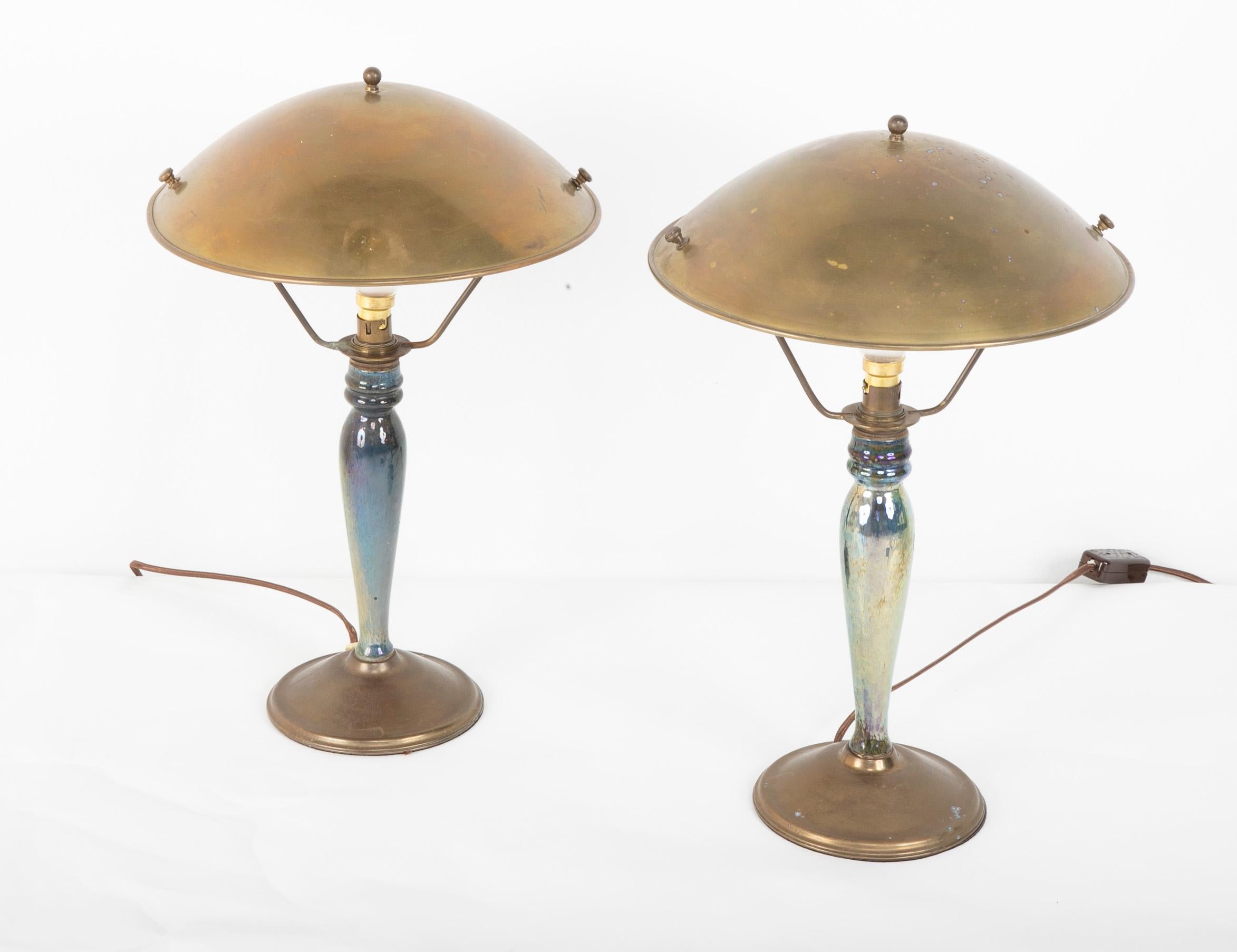 Art Nouveau Pair of Mid-20th Century French Blue Glazed Earthenware Lamps with Metal Shades