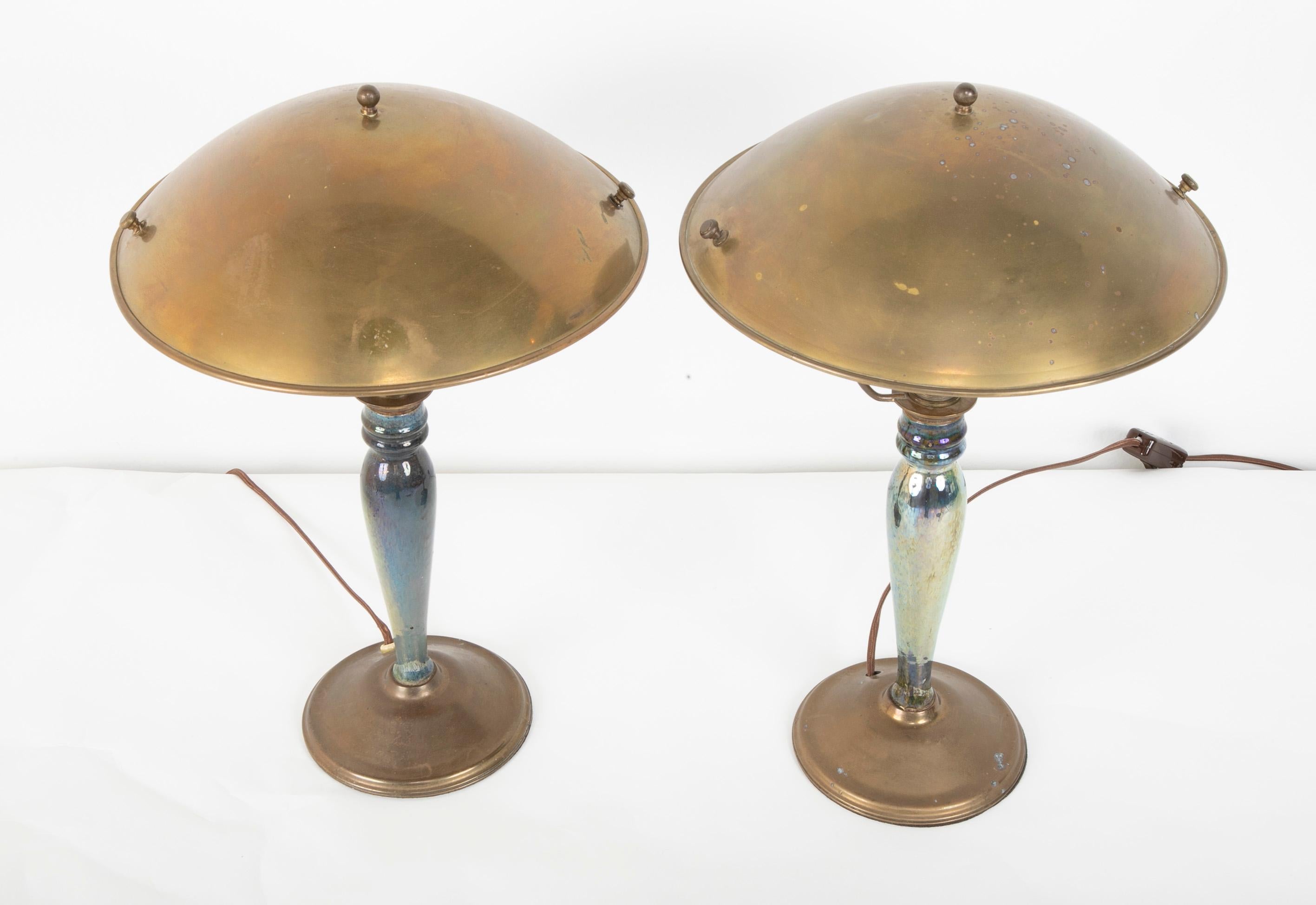 Pair of Mid-20th Century French Blue Glazed Earthenware Lamps with Metal Shades In Good Condition In Stamford, CT