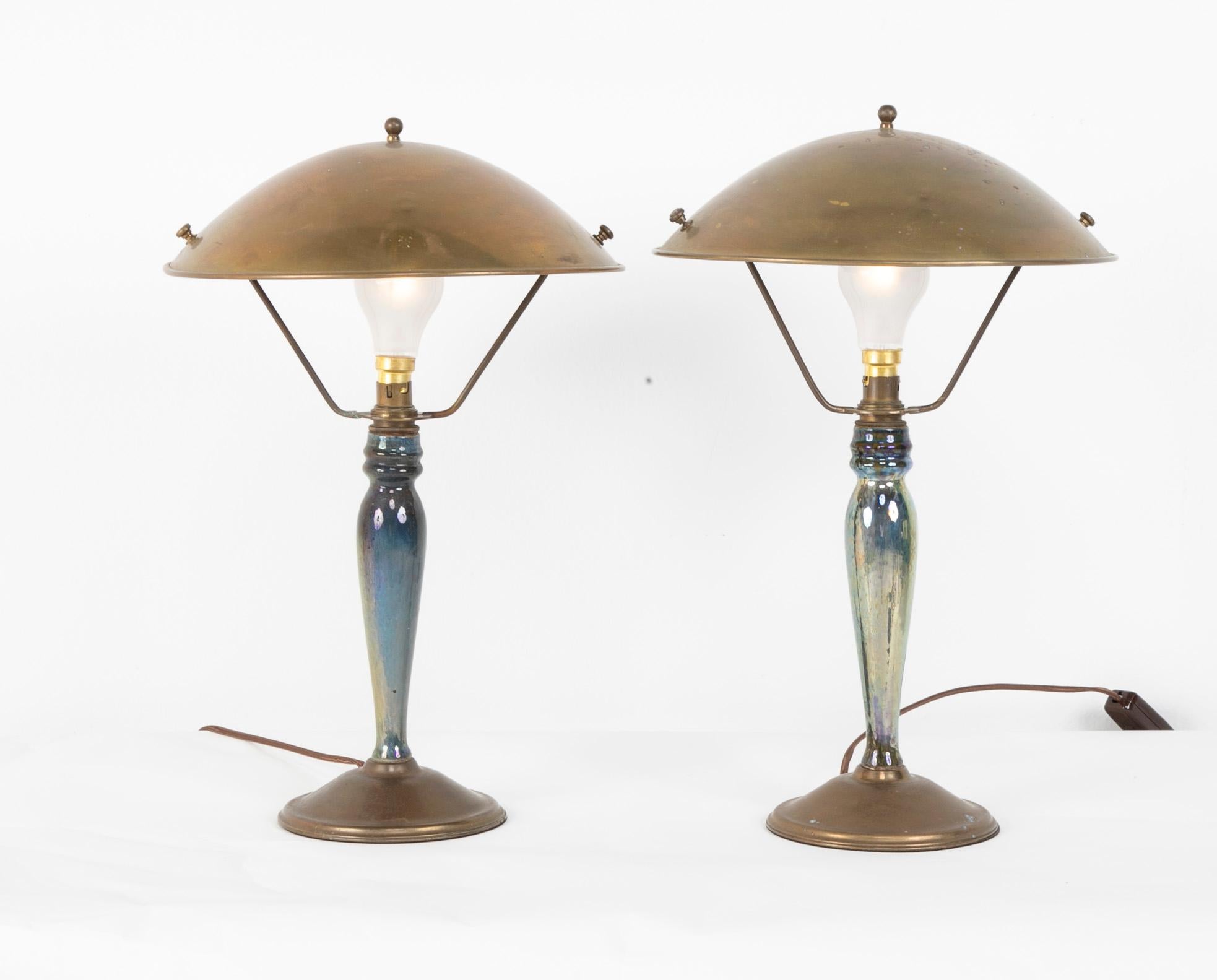 Ceramic Pair of Mid-20th Century French Blue Glazed Earthenware Lamps with Metal Shades