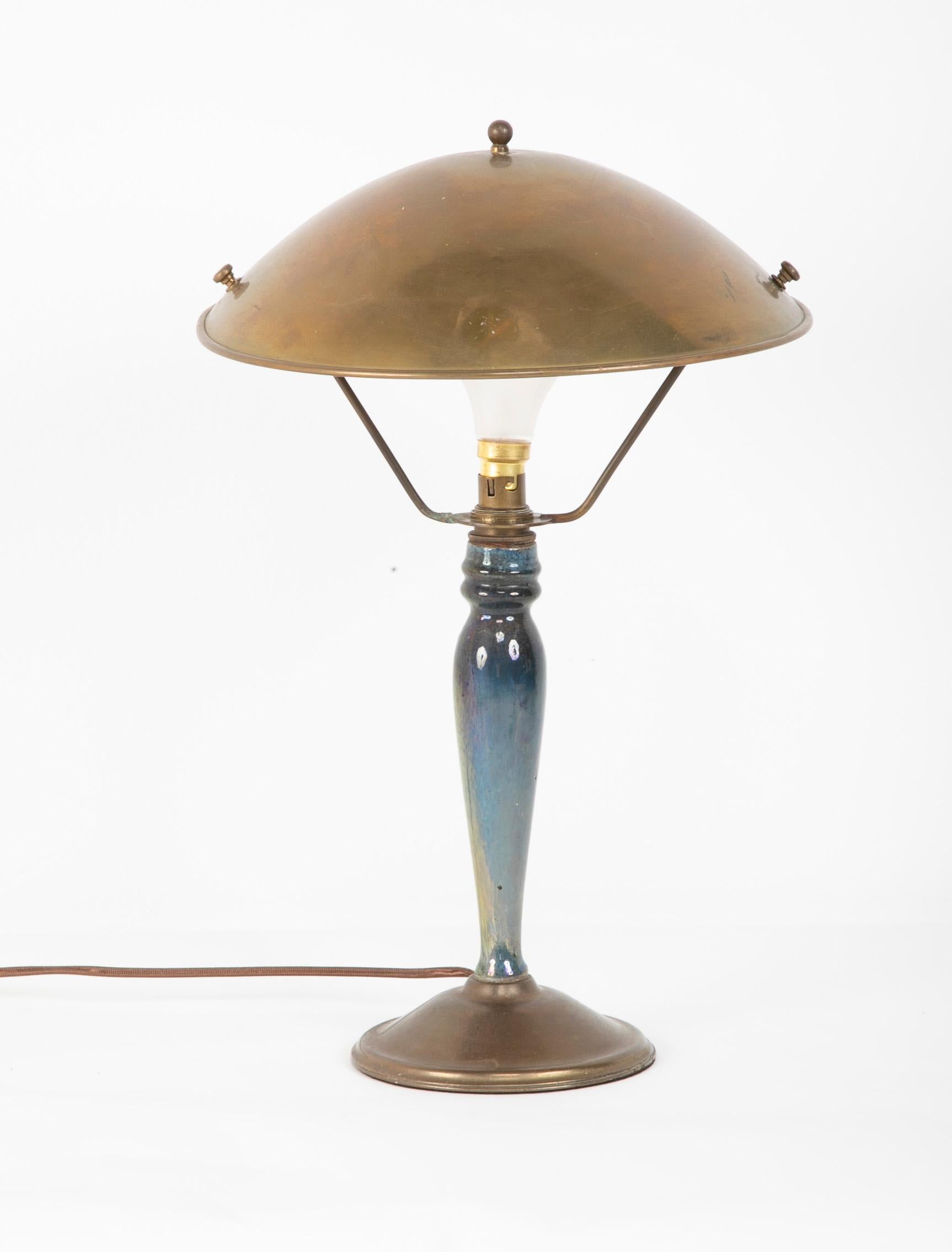Pair of Mid-20th Century French Blue Glazed Earthenware Lamps with Metal Shades 4