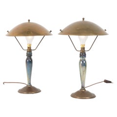 Pair of Mid-20th Century French Blue Glazed Earthenware Lamps with Metal Shades