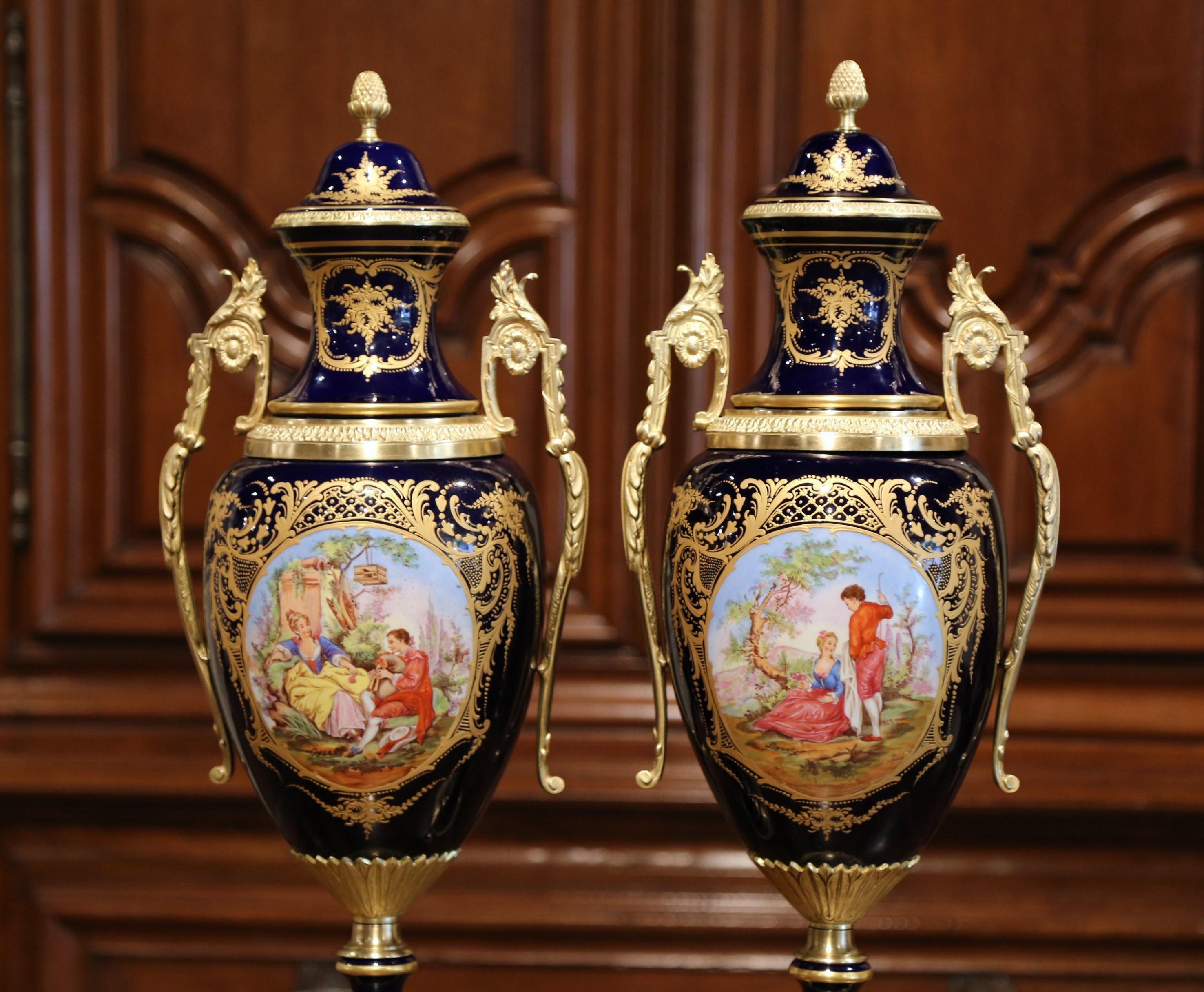 Hand-Crafted Pair of Mid-20th Century French Blue Royal Porcelain and Bronze Sèvres Urns