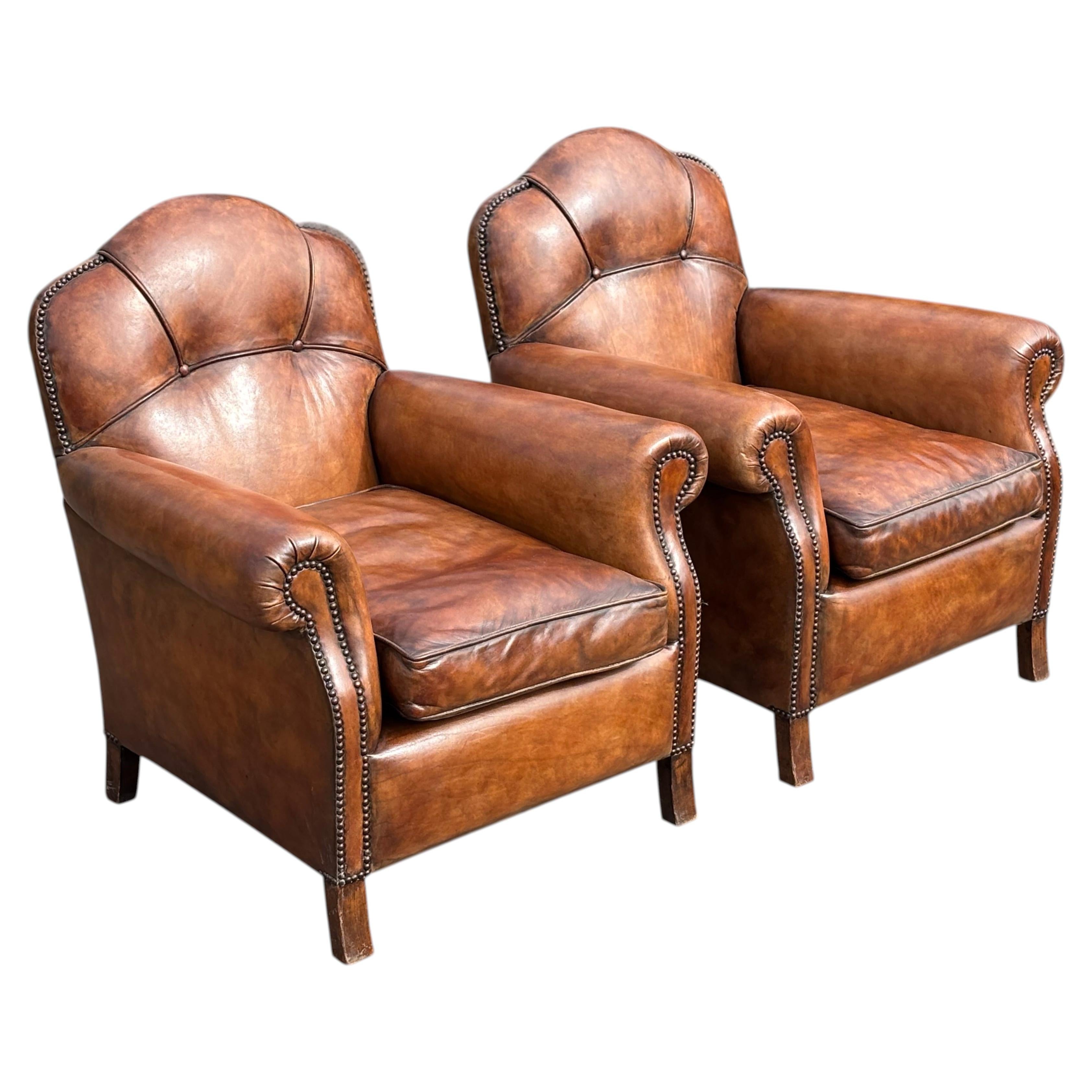 Pair of Mid 20th Century French Brown Leather Club Armchairs