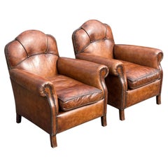 Pair of Mid 20th Century French Brown Leather Club Armchairs