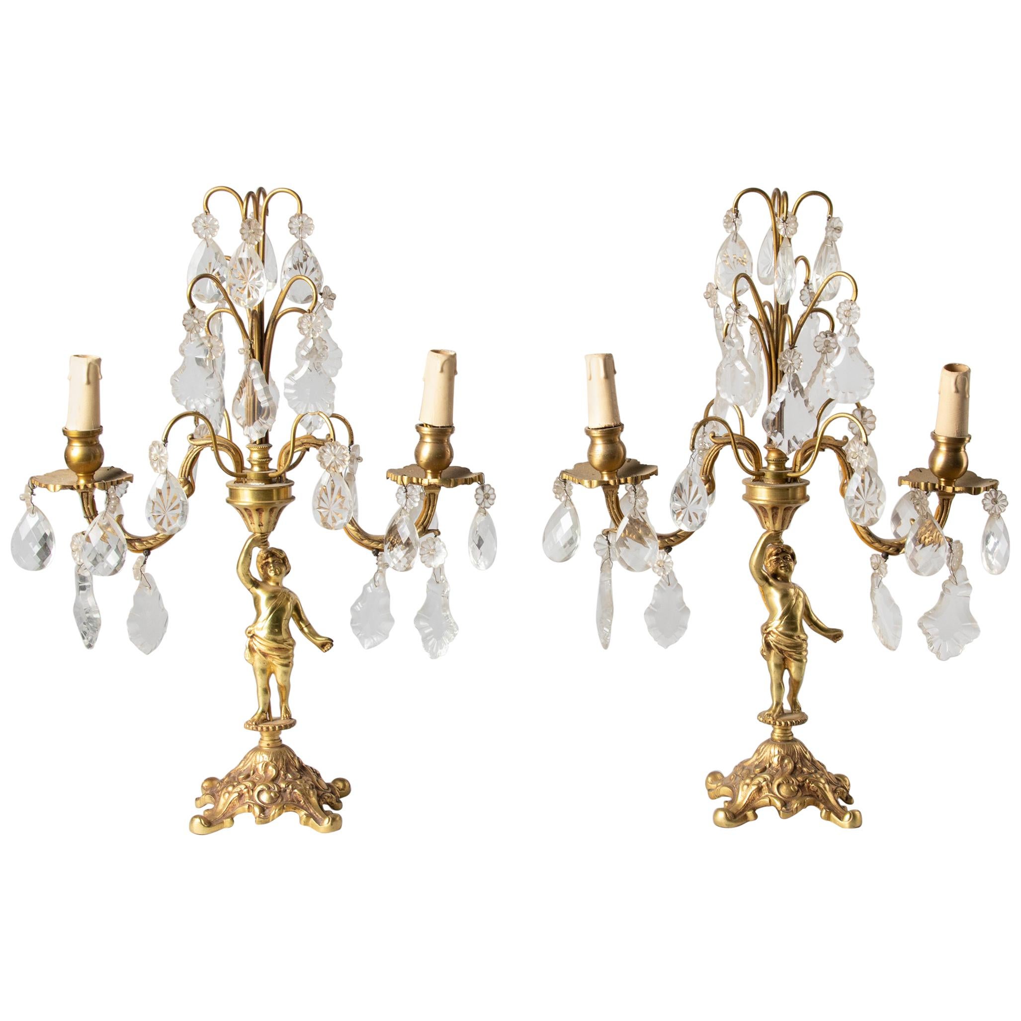Pair of Mid-20th Century French Copper Girandoles with Putti and Crystal Drops