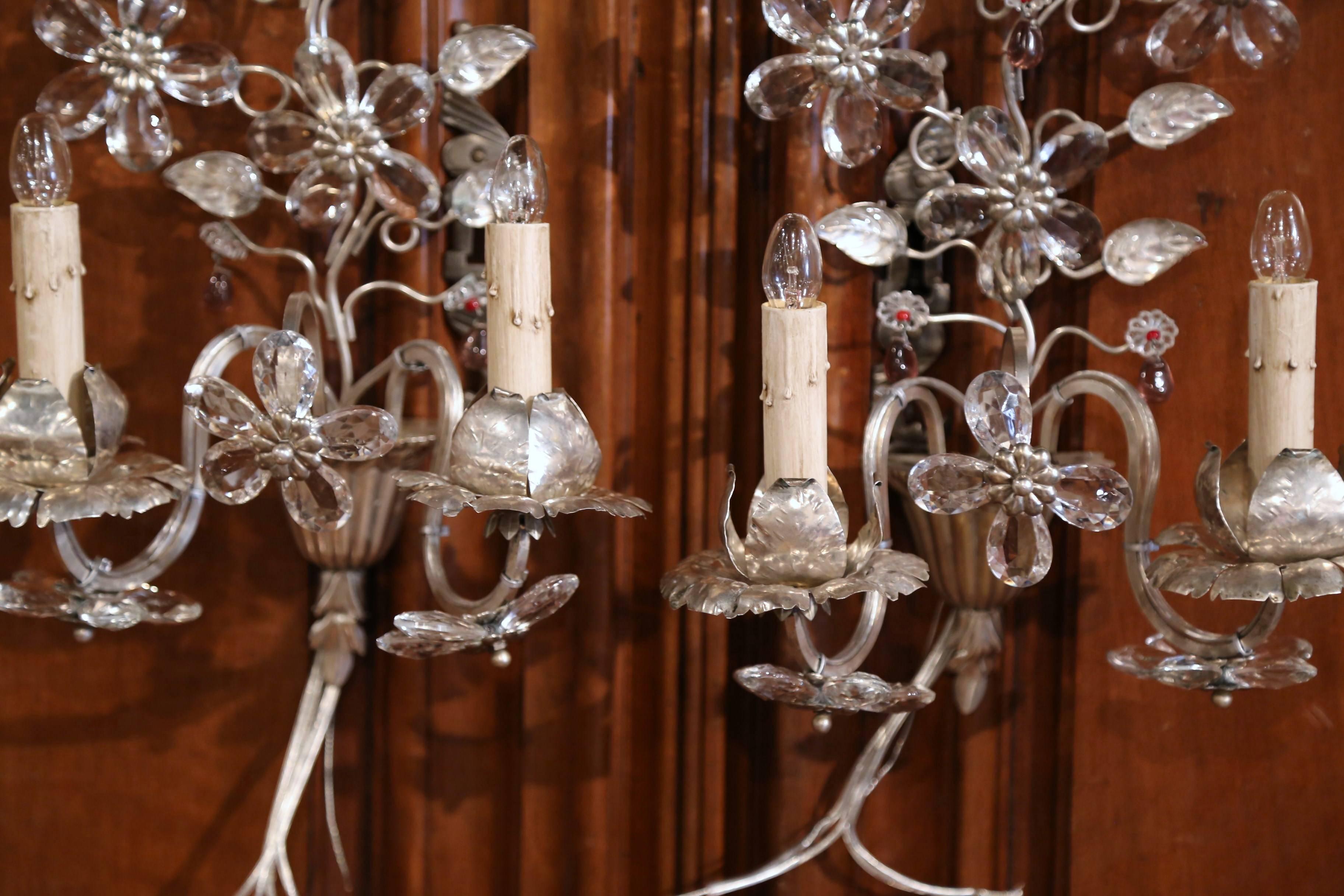 Hand-Crafted Pair of Mid-20th Century French Crystal and Silvered Sconces from Maison Bagues