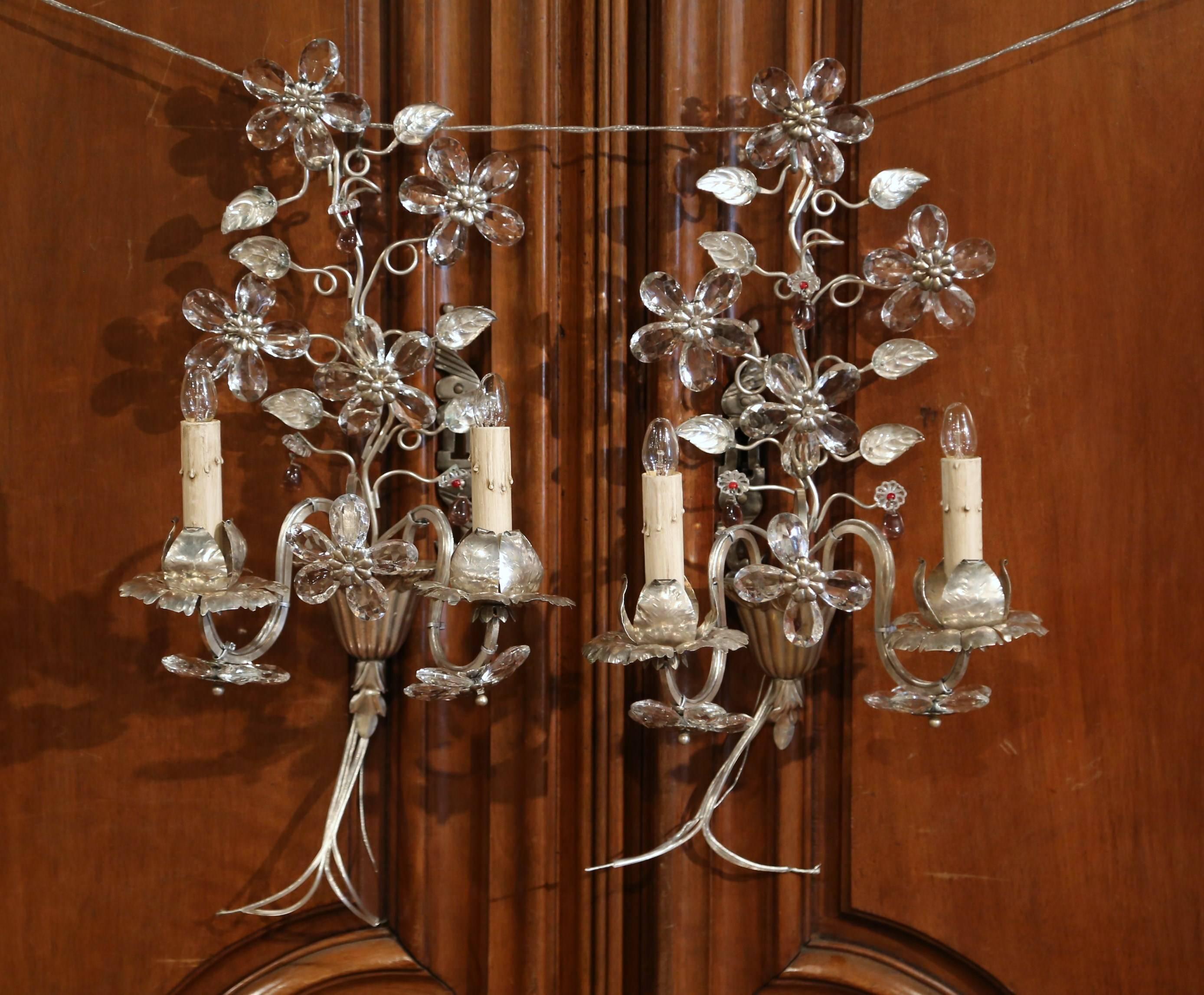 Pair of Mid-20th Century French Crystal and Silvered Sconces from Maison Bagues In Excellent Condition In Dallas, TX