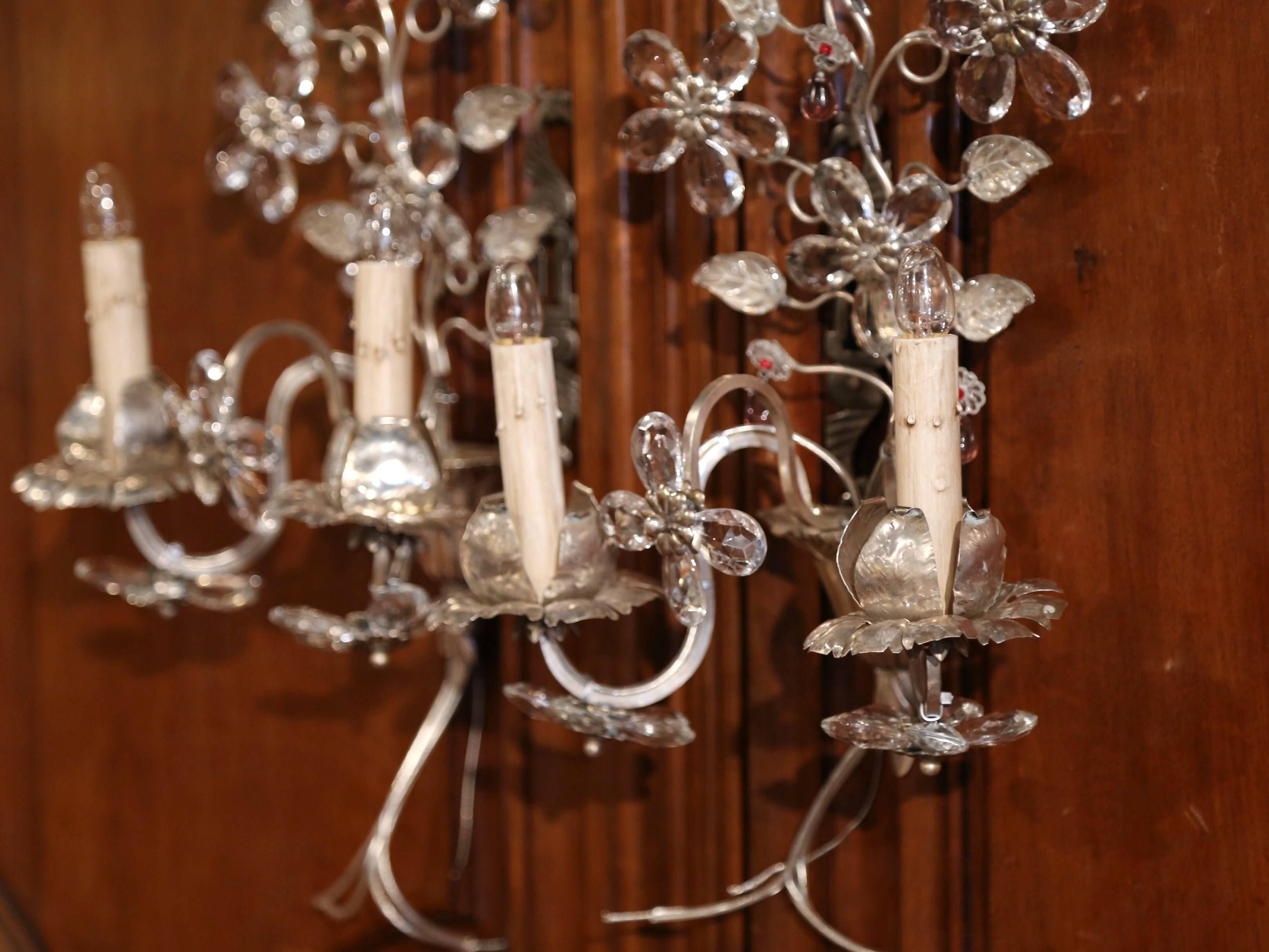 Silver Plate Pair of Mid-20th Century French Crystal and Silvered Sconces from Maison Bagues