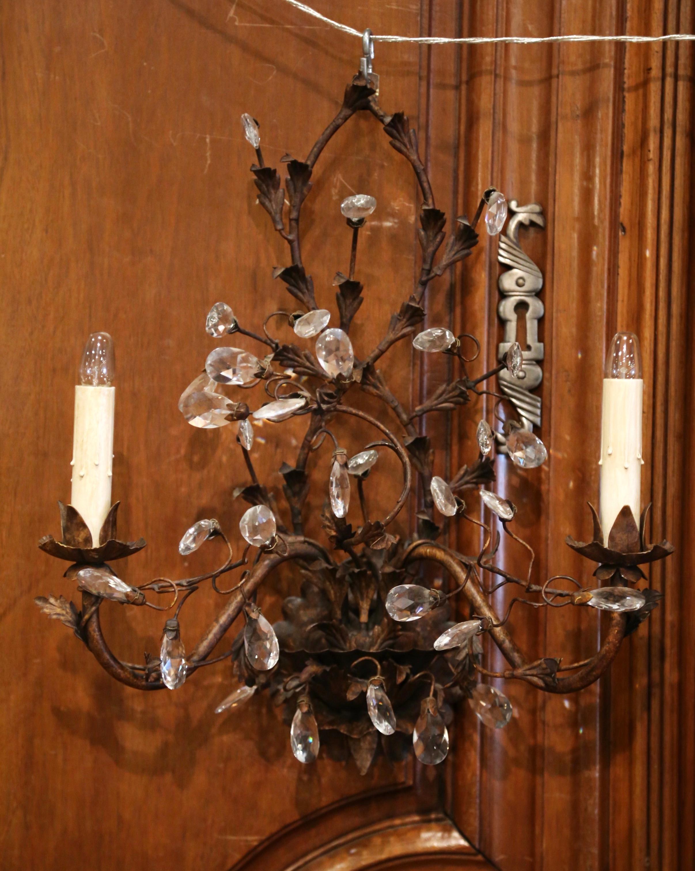 Hand-Crafted Pair of Mid-20th Century French Cut Crystal and Metal Two-Light Wall Sconces