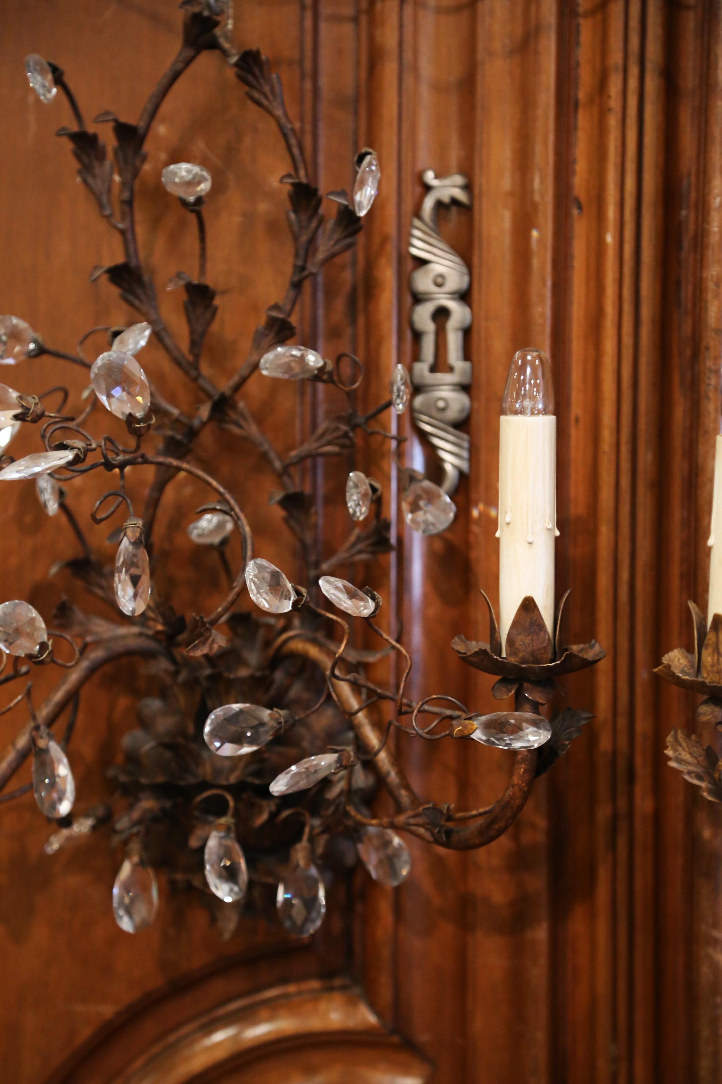 Pair of Mid-20th Century French Cut Crystal and Metal Two-Light Wall Sconces 3