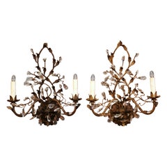 Pair of Mid-20th Century French Cut Crystal and Metal Two-Light Wall Sconces