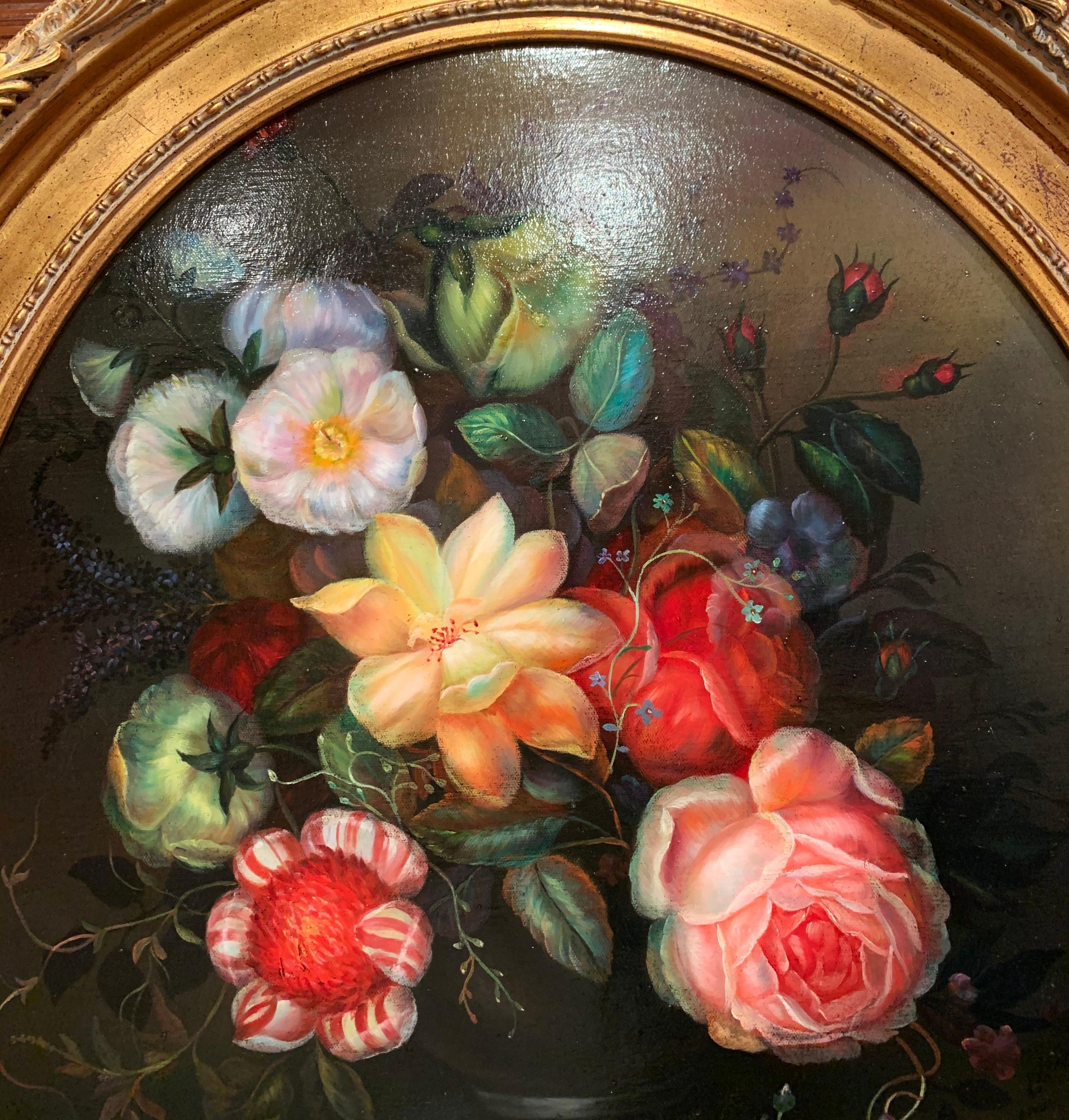 Pair of Mid-20th Century French Floral Still Life Oil Paintings in Gilt Frames 5