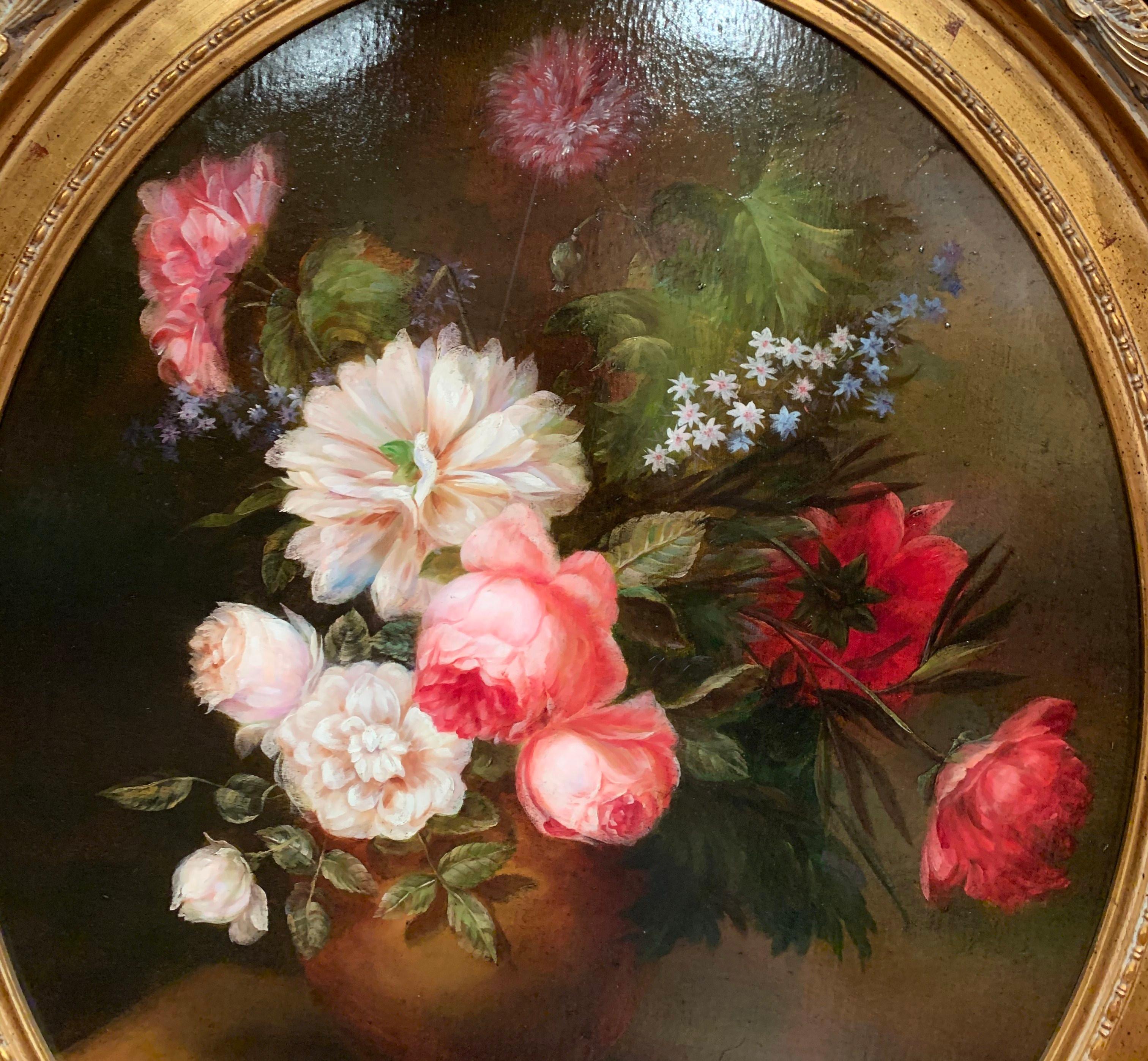 Pair of Mid-20th Century French Floral Still Life Oil Paintings in Gilt Frames 6