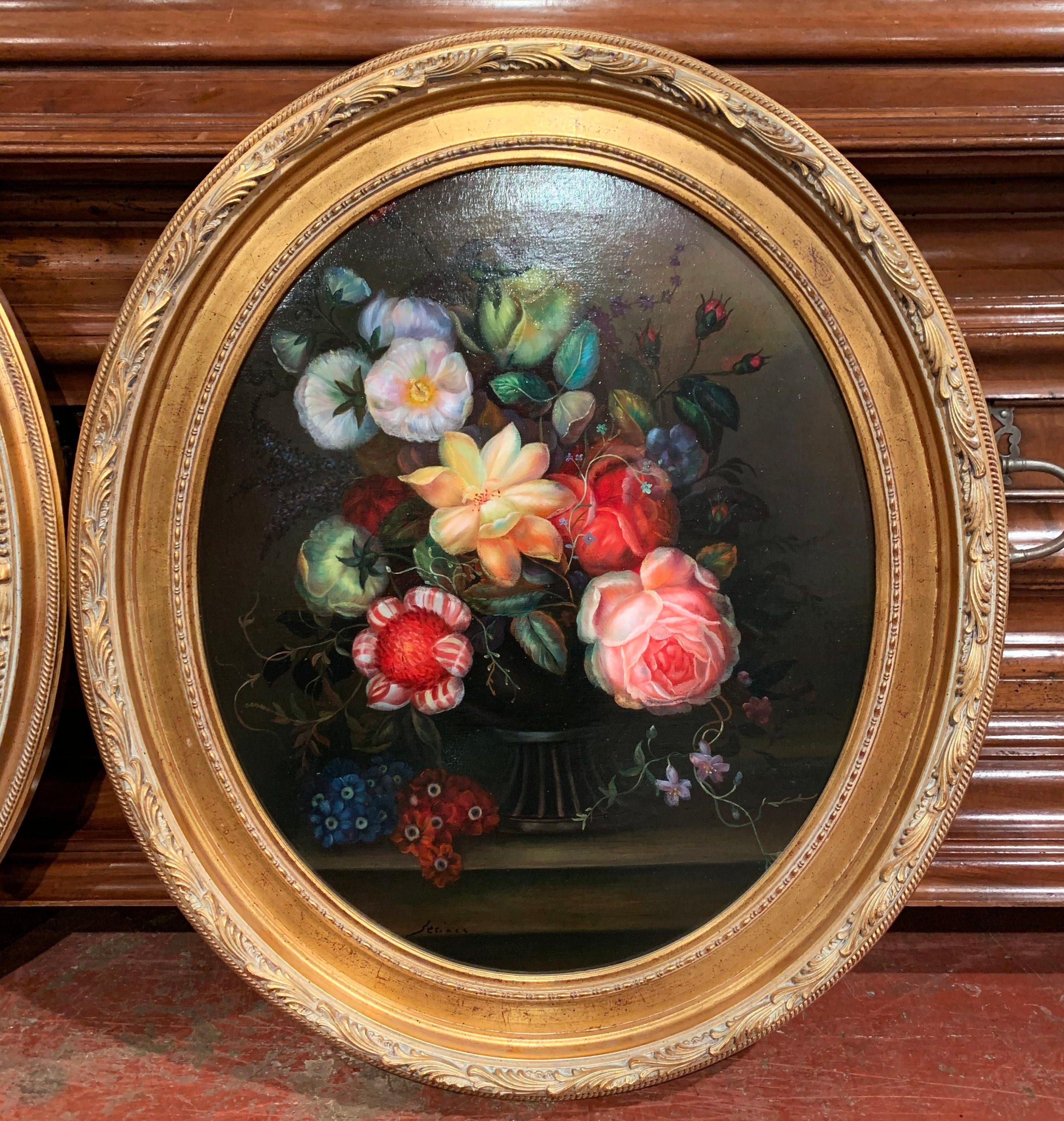Carved Pair of Mid-20th Century French Floral Still Life Oil Paintings in Gilt Frames