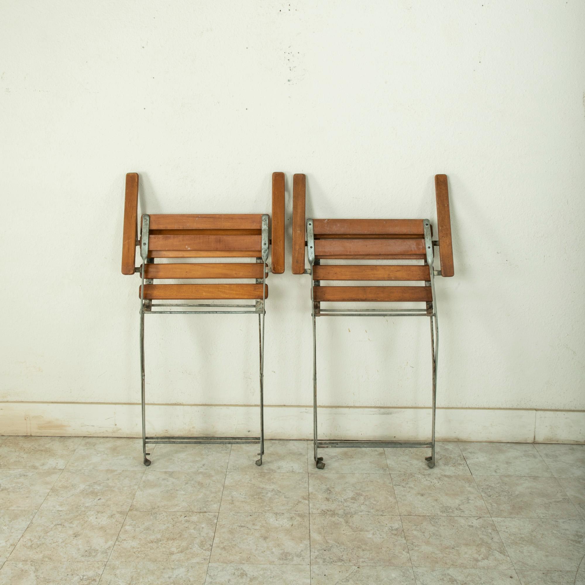 Pair of Mid-20th Century French Folding Metal Bistro Armchairs with Wooden Slats 9