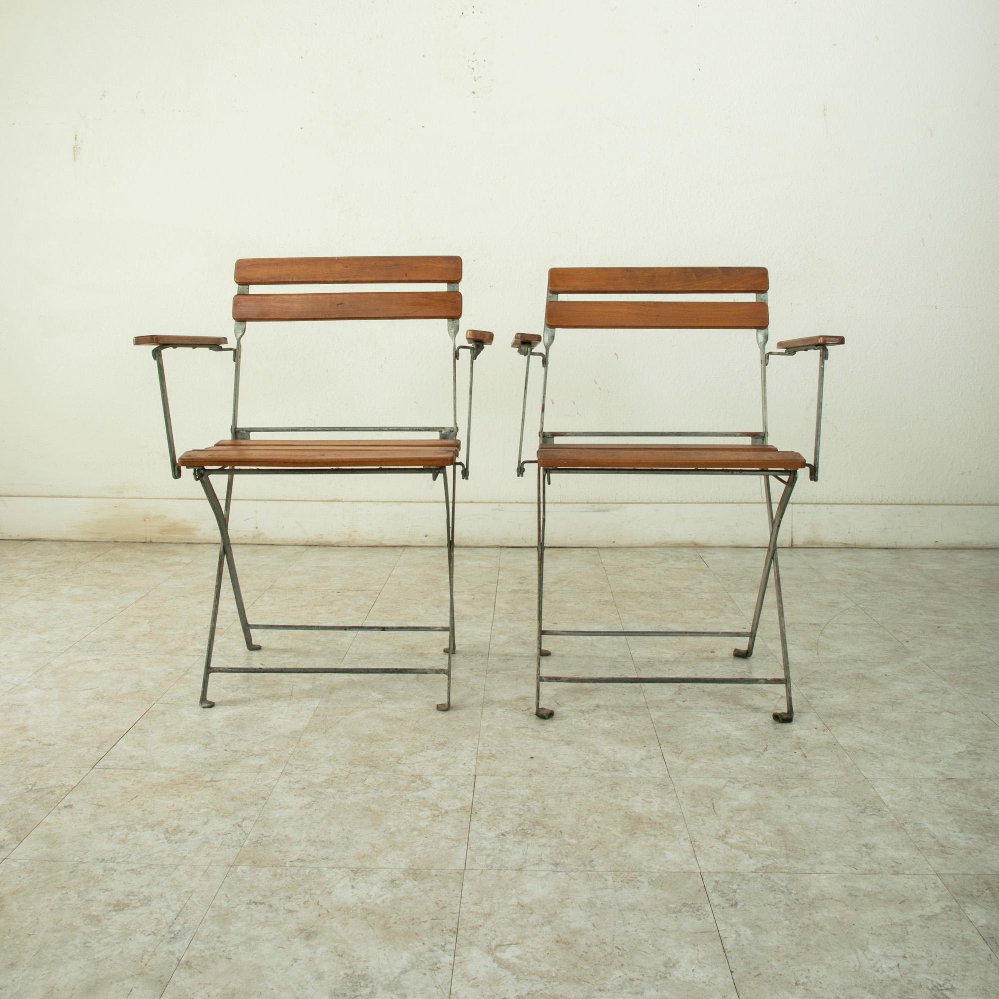 Pair of Mid-20th Century French Folding Metal Bistro Armchairs with Wooden Slats 1