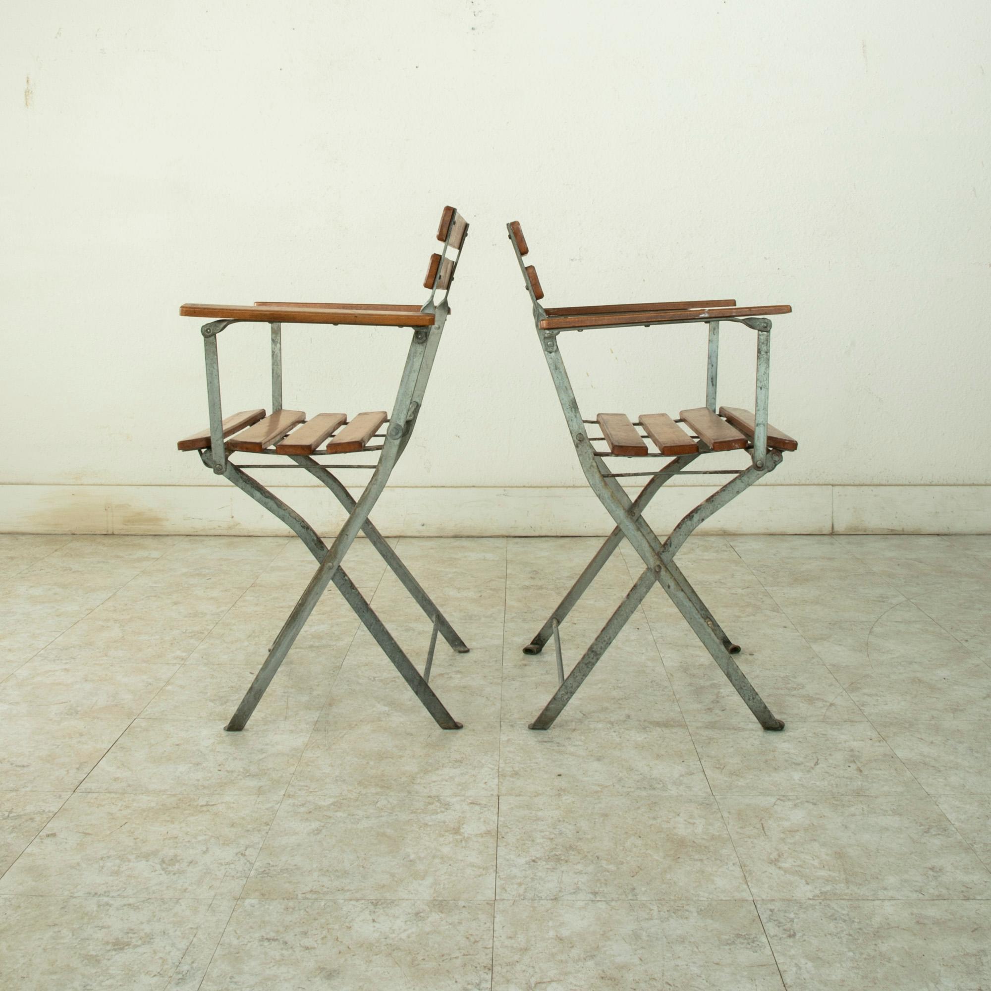 Pair of Mid-20th Century French Folding Metal Bistro Armchairs with Wooden Slats 2