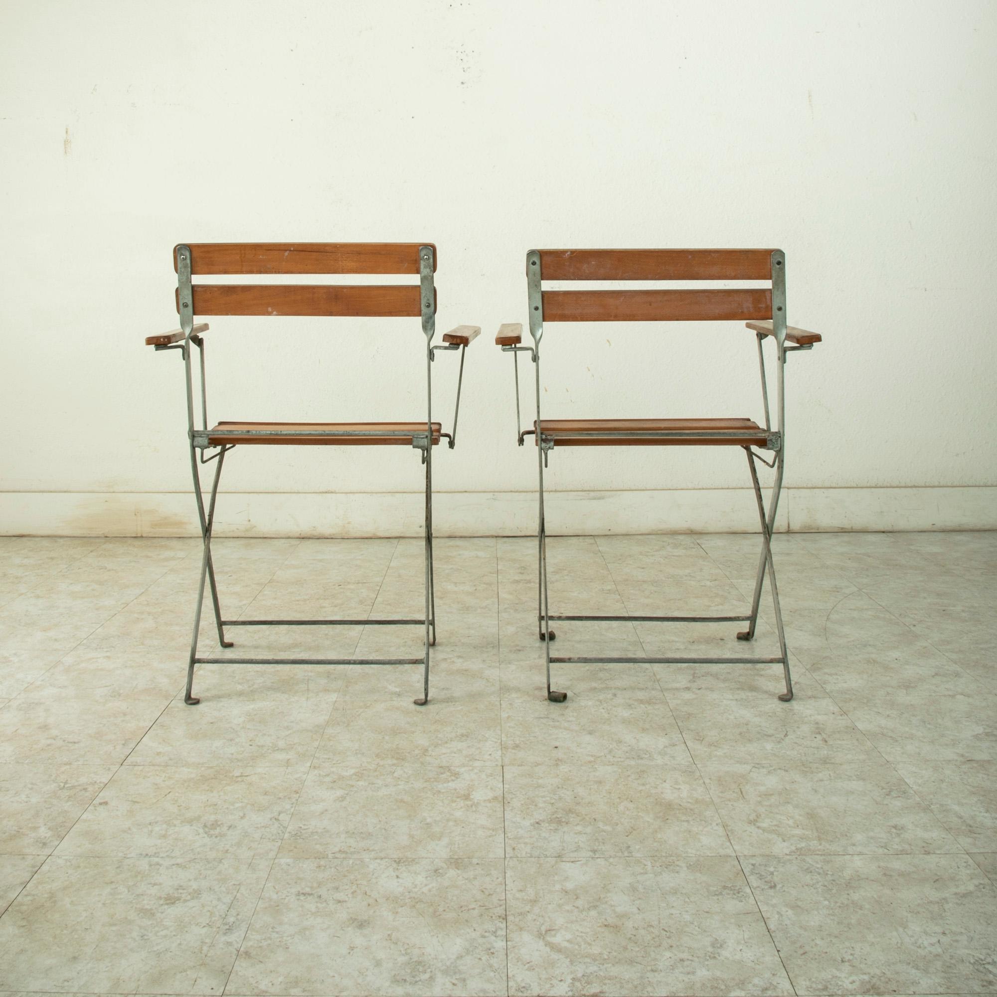 Pair of Mid-20th Century French Folding Metal Bistro Armchairs with Wooden Slats 3